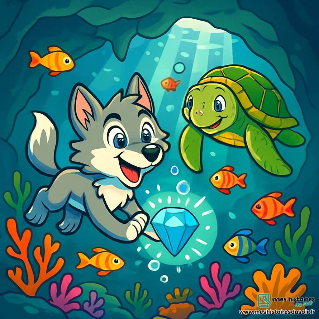Un jeune loup nommé Léo, aux yeux brillants et au pelage gris argenté, nage avec émerveillement dans un vaste royaume sous-marin. À ses côtés, une tortue marine, Talia, sourit avec bienveillance. Ils se trouvent dans une caverne sous-marine illuminée par des rayons de lumière, révélant des coraux et des algues. Léo touche le Cœur de l'Océan, un cristal bleu éclatant, entouré de bulles d'air, symbolisant l'énergie de cet artefact mystérieux.