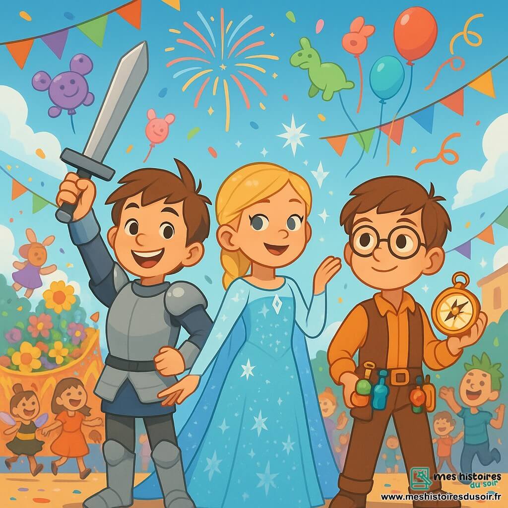 Trois enfants se tiennent au centre de la scène : Thomas, un garçon de 10 ans avec des cheveux bruns en bataille, porte une armure brillante et brandit une épée en plastique, affichant un grand sourire. À sa droite, Léa, une fille de 9 ans aux cheveux blonds tressés, est vêtue d'une robe argentée scintillante et fait un geste gracieux comme si elle régnait sur un royaume de glace. À gauche, Sam, un garçon de 10 ans avec des lunettes et des cheveux châtains, porte un costume d'inventeur avec des gadgets colorés à sa ceinture, tenant une boussole magique. Le décor est un carnaval vibrant, rempli de couleurs éclatantes, avec des guirlandes multicolores, des ballons en forme d'animaux et des chars décorés. Les trois amis célèbrent leur victoire après avoir réussi des défis magiques, entourés de créatures merveilleuses et de feux d'artifice scintillants, prêts à partager leur aventure avec tous les enfants du carnaval.