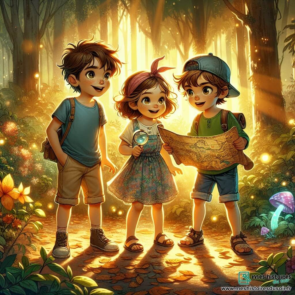 Lucas, un garçon de 9 ans aux cheveux bruns en bataille et aux yeux curieux, tient une carte ancienne avec un grand sourire. Il porte un t-shirt bleu et un short beige, debout sur un chemin forestier entouré d'arbres épais et de fleurs colorées. À ses côtés, Clara, également âgée de 9 ans, avec des cheveux bouclés et un bandeau rose, admire la carte, vêtue d'une robe florale et de sandales. Hugo, un autre garçon de 9 ans, en casquette à l'envers et tenant une loupe, se tient en retrait avec un sourire confiant, habillé d'un t-shirt vert et d'un short en jean. Ils se trouvent dans une forêt enchantée baignée de lumière dorée, prêts à partir à l'aventure, leurs visages illuminés par l'excitation et la promesse de découvertes.