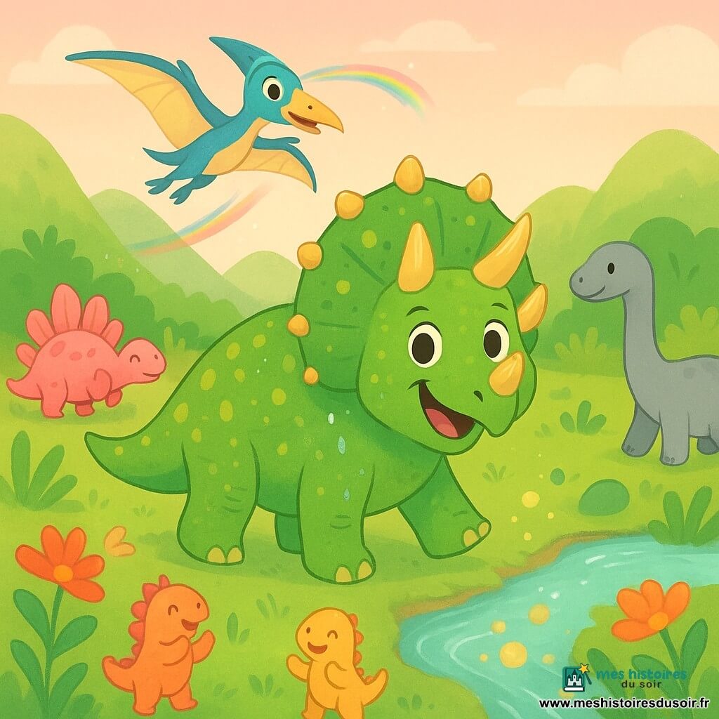 Un tricératops joyeux nommé Grand-patte, peau verte à pois jaunes et trois cornes brillantes, sourit tandis que des gouttes d'eau scintillantes ornent son dos en marchant vers la rivière; un ptérodactyle, Plumegriff, aux plumes bleues et crème vole en cercles au-dessus de lui en laissant des éclats colorés; autour, de petits dinosaures colorés applaudissent et dansent — un stégosaure rose aux plaques rayées et un sauropode gris au long cou — dans une vallée verdoyante à rivière claire, grandes fleurs colorées et collines douces sous un ciel rose, célébrant le retour triomphal, la guérison de la vallée et la joie partagée.
