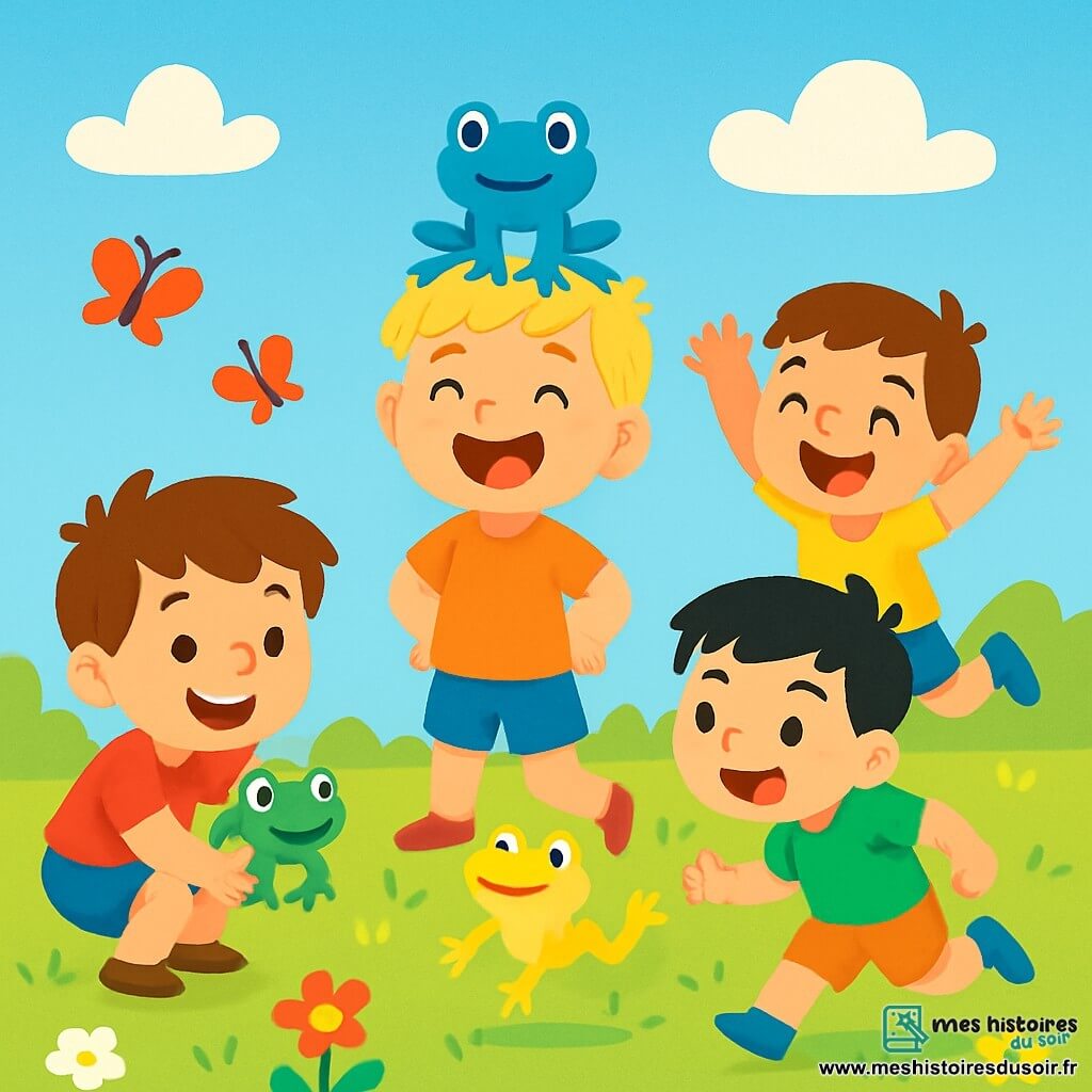 Quatre enfants s'amusent dans un jardin ensoleillé. Petit Léo, 5 ans, accroupi avec sa grenouille verte, sourit. Grand Max, 6 ans, rit avec sa grenouille bleue sur la tête. Souriant Jules, 5 ans, saute avec sa grenouille jaune à ses côtés. Malin Tom, 5 ans, court avec sa grenouille rouge. Ils participent à une course de grenouilles, entourés de fleurs colorées et de papillons, créant une ambiance joyeuse.