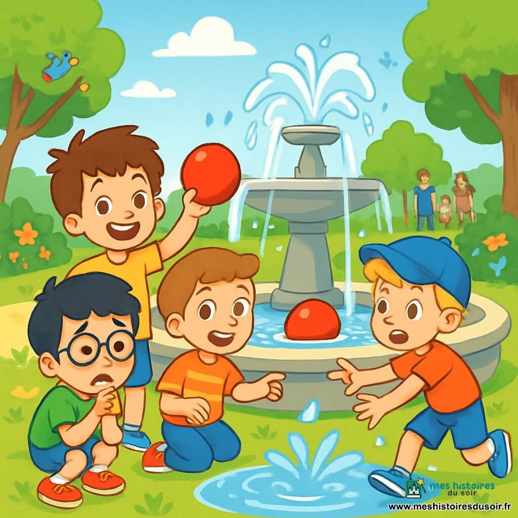 Quatre enfants jouent dans un parc ensoleillé. Léo, 5 ans, a des cheveux bruns en bataille et un t-shirt jaune, il tient un ballon rouge. Sami, aussi âgé de 5 ans, a des cheveux noirs et des lunettes rondes, il est accroupi et inquiet face au ballon. Hugo, avec des cheveux blonds et une casquette bleue, tend la main vers le ballon, tandis que Paul, avec des cheveux châtains et un t-shirt à rayures, rit en pointant le ballon flottant près de la fontaine. Le parc est animé, avec des fleurs, des arbres, un ciel bleu et des familles qui se promènent. Les enfants jouent près de la fontaine, où le ballon vient de tomber à l'eau, créant une atmosphère joyeuse et énergique.