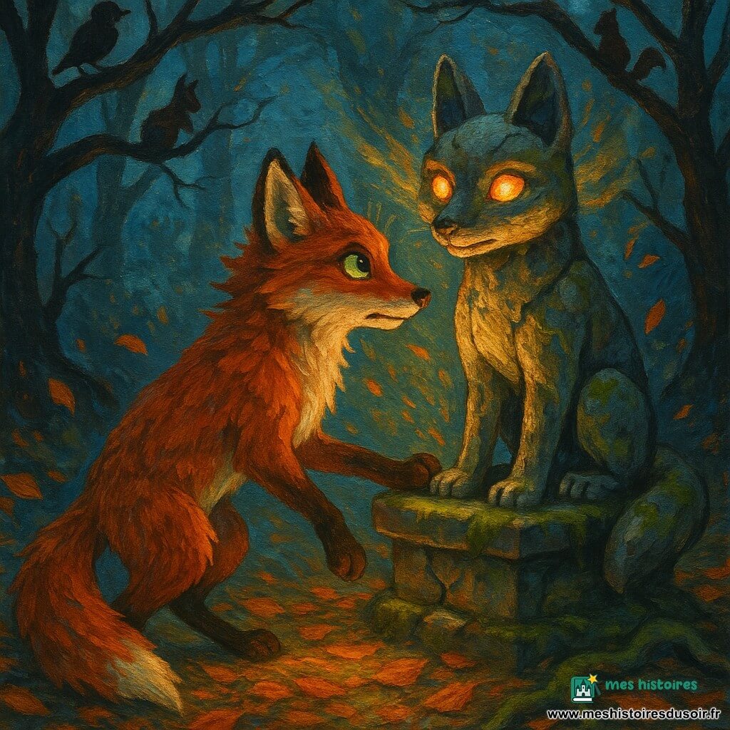 Renard roux anthropomorphe, oreilles pointues et fourrure cuivre, pose une patte sur la base d'une vieille statue de renard en pierre fissurée et mousseuse qui se réveille derrière lui, ses yeux en pierre émettant une lueur ambre chaleureuse ; oiseaux et écureuils perchés dans les branches observent, intrigués, dans une clairière parfaitement circulaire d'arbres tordus aux troncs sombres, sol de feuilles mortes orange et brunes et tapis de mousse verte, une brume bleutée serpente entre les racines tandis que la lumière chaude de la statue dissipe les ombres froides, feuilles tourbillonnent et la scène, mystérieuse mais rassurante, est rendue en peinture acrylique texturée avec coups de pinceau visibles et palette de cuivres chauds, bleus froids et ambre lumineux.