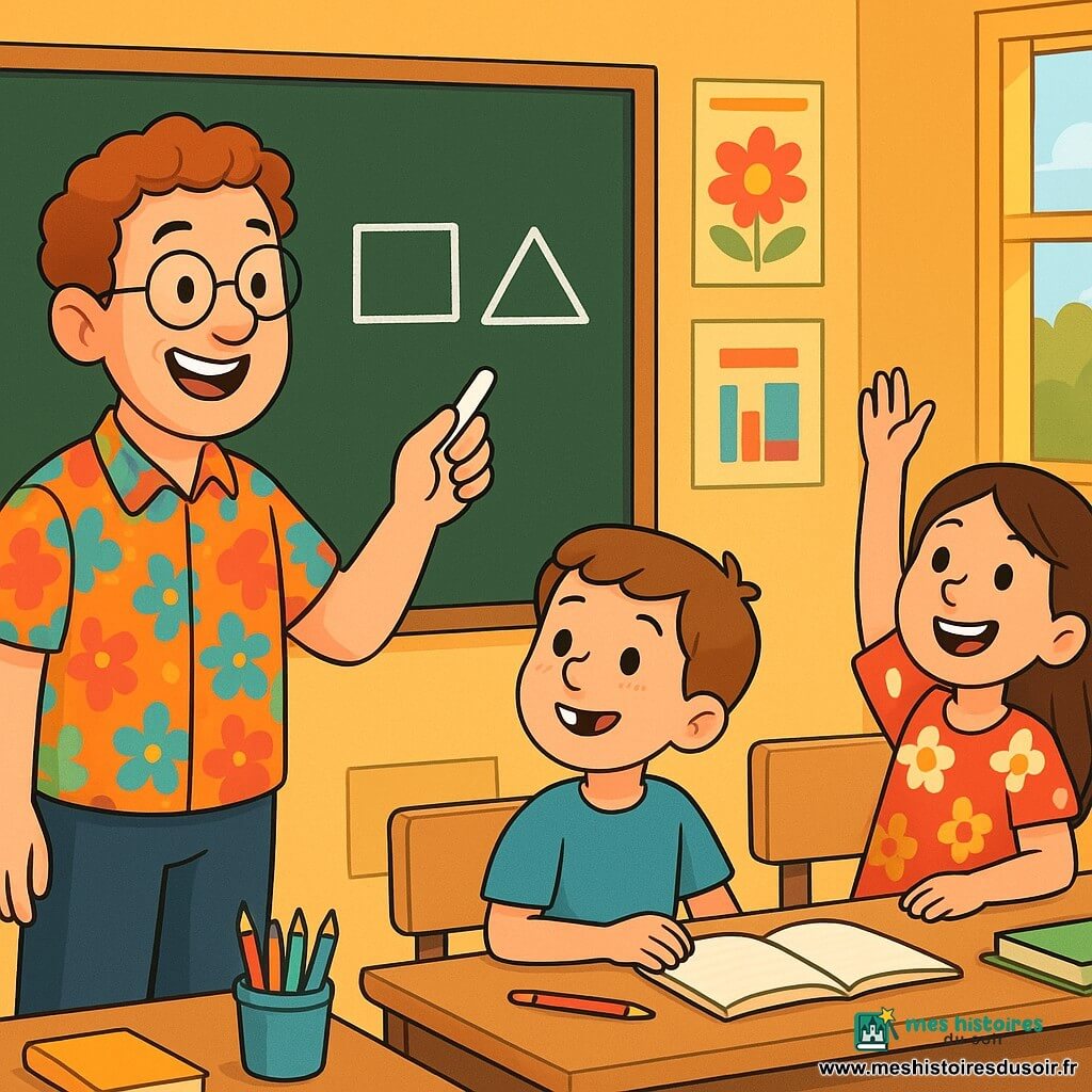 Un instituteur, Monsieur Paul, est debout devant un tableau noir, souriant et portant une chemise colorée et des lunettes rondes. Il tient une craie blanche. À côté de lui, Zoé, une petite fille de 8 ans avec de longs cheveux bruns et une robe à fleurs, lève la main avec enthousiasme. Jules, également âgé de 8 ans, se tient en retrait, souriant timidement. La scène se déroule dans une classe lumineuse avec des posters colorés, des tables en bois et des fournitures scolaires éparpillées. Monsieur Paul explique comment dessiner des formes sur le tableau, tandis que Zoé et Jules l'écoutent attentivement.