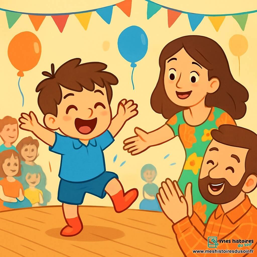 Léo, un petit garçon de 4 ans aux cheveux bruns en bataille et aux yeux pétillants, danse sur une scène en bois. Il porte une chemise bleue et des chaussettes rouges, affichant un grand sourire de fierté et d'excitation. Sa maman, d'une trentaine d'années, l'encourage avec un sourire chaleureux, tandis que son papa, également dans la trentaine, applaudit avec fierté. La scène se déroule dans une salle de fête décorée de guirlandes et de ballons, où parents et enfants, tous souriants, regardent la performance. Léo effectue des pas de danse joyeux, créant une atmosphère festive.