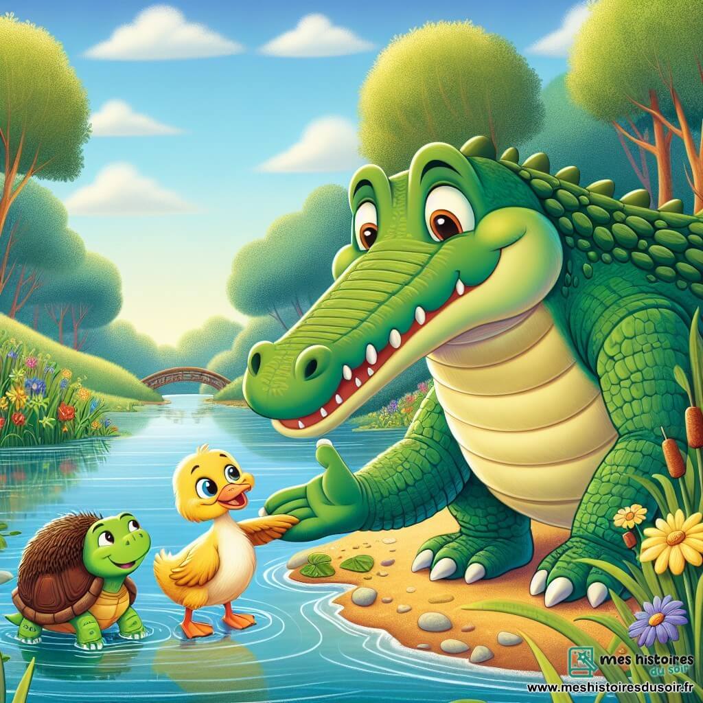Clément, le crocodile aux écailles vertes brillantes, sourit amicalement en tendant sa patte pour aider Camille, un petit canard jaune et duveteux, qui le regarde avec gratitude. Tasha, la tortue joyeuse à la carapace colorée, s'approche en souriant, tandis qu'Hugo, le hérisson timide, observe la scène de loin. Le décor est une belle rivière entourée de verdure luxuriante et de fleurs colorées. Clément aide Camille à sortir des roseaux, tandis que Tasha et Hugo les encouragent, créant une atmosphère d'amitié et de solidarité.