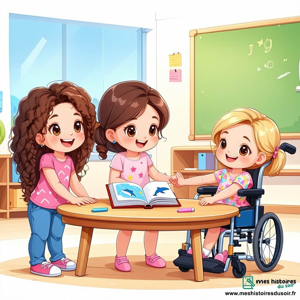 Dans une salle de classe lumineuse, trois filles de 8 ans se réunissent autour d'une table en bois. Léa, aux cheveux bouclés et bruns, porte un t-shirt rose et sourit en tenant un livre sur les dauphins. Clara, blonde et en fauteuil roulant, sourit en encourageant ses amies. Emma, aux cheveux châtains, joue du ukulélé, ses yeux brillants de bonheur. La salle est décorée de dessins colorés et d'un tableau noir avec des mots sur les dauphins. Les trois amies préparent leur spectacle sur les dauphins, échangeant des idées et riant, illustrant la joie de l'amitié et de l'apprentissage.