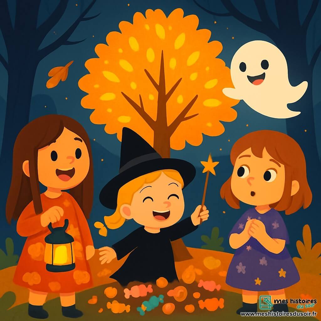 Quatre personnages sont présents : Zoé, une fille de 8 ans avec de longs cheveux bruns et une robe orange à motifs de citrouilles, tenant une petite lanterne ; Mia, une fille de 7 ans avec des cheveux blonds en tresse, vêtue d'un costume de sorcière noir et faisant un geste magique ; Léa, une fille de 6 ans avec des cheveux châtains et une robe violette ornée d'étoiles, regardant autour d'elle avec des yeux écarquillés ; et Frimousse, un petit fantôme amical flottant avec un grand sourire. L'action se déroule dans un parc magique la nuit d'Halloween, avec des arbres sombres et des feuilles dorées tombant. Les filles chantent autour d'un grand arbre aux feuilles scintillantes, tandis que Frimousse les encourage, créant une atmosphère magique remplie de rires.