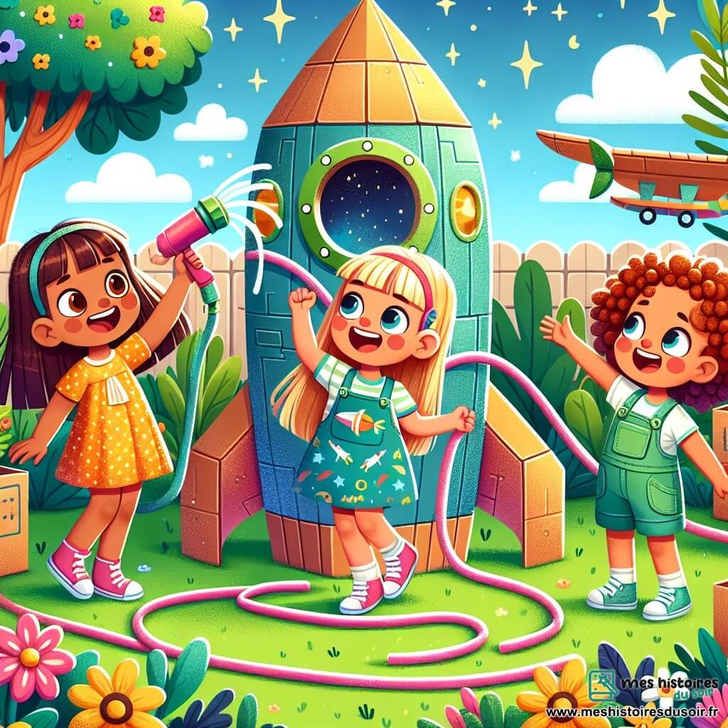 Trois amies de 8 ans se trouvent dans un jardin ensoleillé, entourées de fleurs et d'arbres. Lila, aux cheveux bruns et bouclés, porte une robe jaune à pois et tient un tuyau en plastique. Maya, aux cheveux blonds, est en t-shirt bleu avec un motif de fusée et rit en levant les bras. Zoé, aux cheveux roux et frisés, porte une salopette verte et observe le ciel. Le jardin est rempli de jouets, dont un vaisseau spatial en carton décoré. Les filles découvrent un vaisseau spatial scintillant avec un extraterrestre violet qui les invite à une aventure dans l'espace.