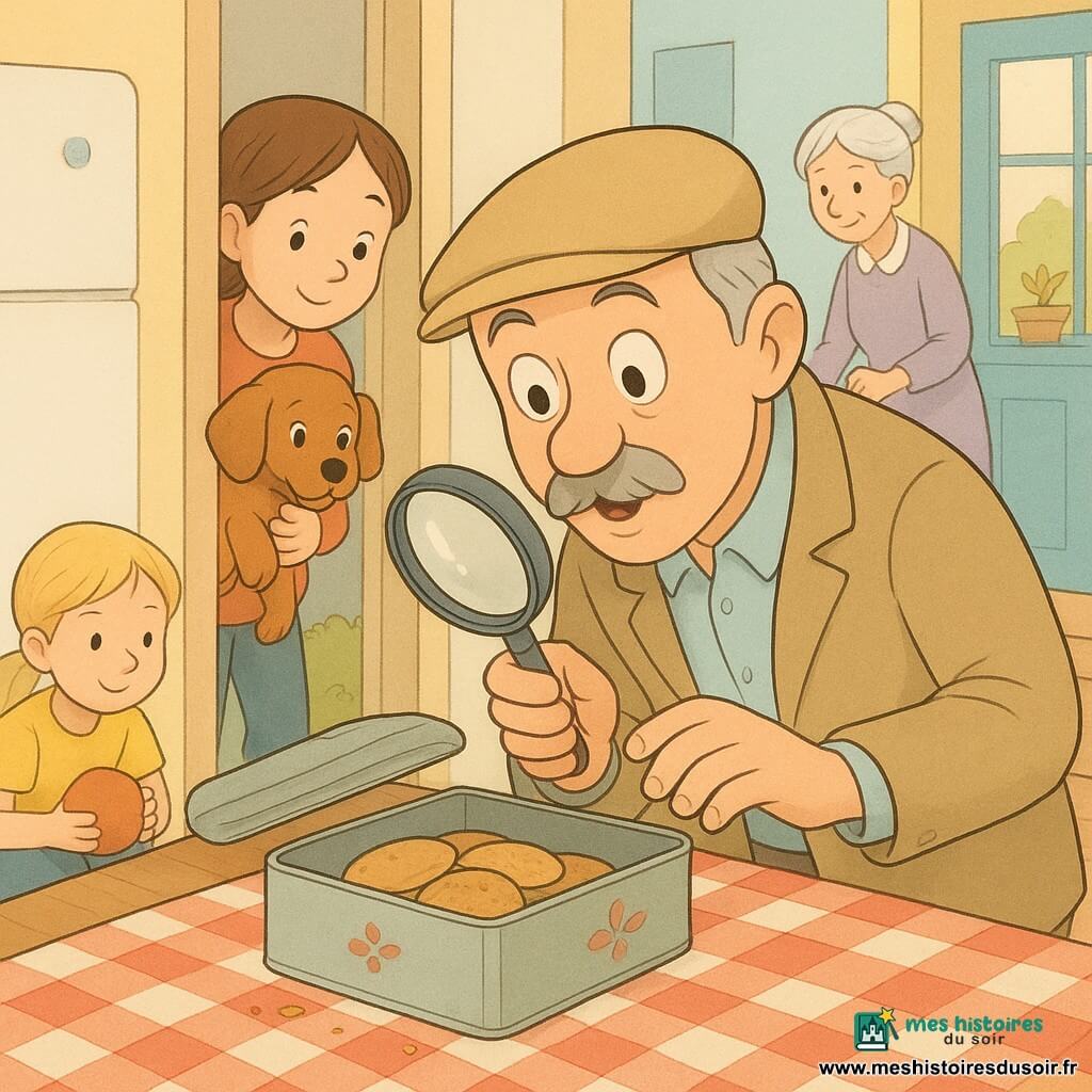 Un homme d'environ 60 ans, moustachu et coiffé d'un chapeau beige, penché sur une boîte à biscuits ouverte sur la table, tient une loupe et affiche une expression surprise et malicieuse; Zoé, 8 ans, cheveux châtains en queue de cheval, tient sur ses genoux le petit chien roux Biscotte qui renifle la table et regarde la boîte depuis la porte de la cuisine; Camille, 7 ans, cheveux blonds courts, est accroupie dans le jardin visible par la fenêtre avec une balle en caoutchouc, souriant timidement; Madame Lila, environ 70 ans, cheveux blancs en chignon, arrose des pots près de la porte d'entrée en souriant; le chat noir Minuit dort et ronronne dans une panière près du frigo; la cuisine chaleureuse et lumineuse, murs pastel, table en bois clair avec nappe à carreaux rouges et blancs, boîte métallique ouverte et miettes, baignée d'une douce lumière; moment joyeux et léger centré sur la découverte de la boîte à biscuits, couleurs chaudes et contours doux.