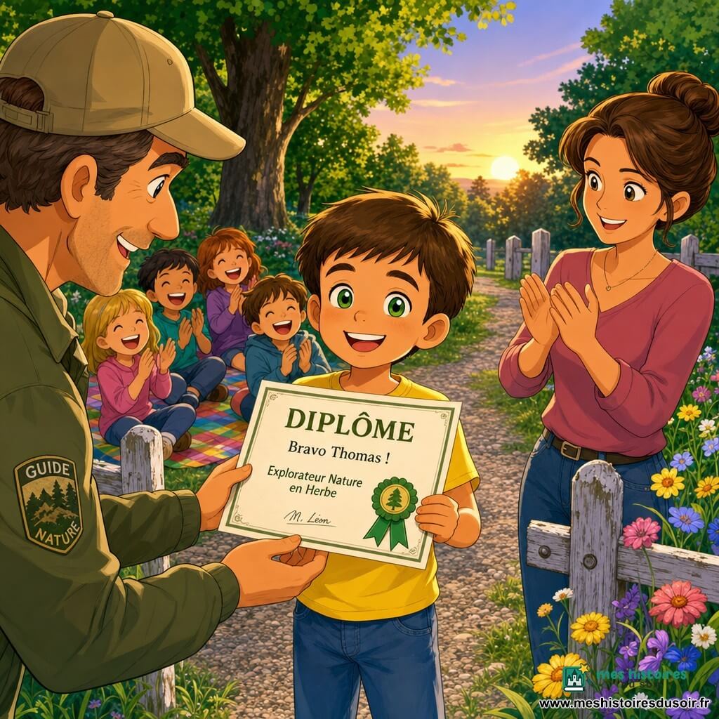 Thomas, garçon de 6 ans, souriant et fier, cheveux châtain courts, yeux verts, en t‑shirt jaune et jean, tient un diplôme blanc à ruban vert et regarde le spectateur ; sa mère (environ 35 ans), cheveux bruns en chignon, sourire doux et tenue décontractée, se tient derrière à droite en applaudissant ; Monsieur Léon (environ 45 ans), guide joyeux en casquette et veste kaki, tend le diplôme depuis la gauche ; quelques enfants (6–8 ans) assis sur une couverture multicolore à l’arrière-plan applaudissent et rient ; lieu : parc verdoyant au coucher du soleil, grands arbres, fleurs sauvages, sentier de gravier et vieille barrière blanche ; ambiance lumineuse aux couleurs chaudes et saturées, style dessin animé doux et rond avec expressions exagérées ; composition centrée sur Thomas, gros plans sur le diplôme et les mains applaudissant, arrière‑plan légèrement flou.