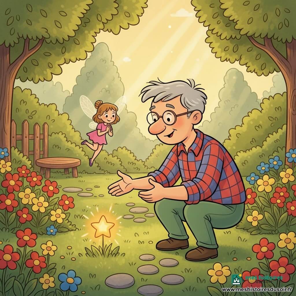 Émile, homme d'une quarantaine d'années au sourire doux, cheveux gris en mèches et lunettes rondes, accroupi en chemise à carreaux, tend une petite étoile brillante à la minuscule fée Lila, enfantine en robe rose aux ailes translucides, dans un jardin matiné de lumière dorée (parterres colorés, chemin de pierres, vieille clôture, banc) ; l'étoile luit jaune-orange avec des étincelles — style : couleurs saturées, contours noirs doux, formes rondes et textures lisses, atmosphère chaleureuse et lisible pour les tout-petits.