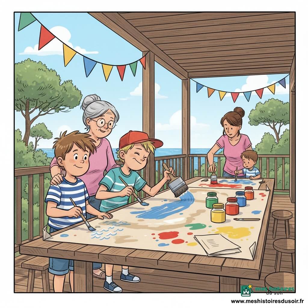 Un garçon de 12 ans au visage rond et cheveux châtain en bataille, concentré et timide mais souriant, porte un t-shirt rayé et un short en jean et peint de petites vagues blanches sur un grand papier kraft posé sur la table ; son cousin Lucas, aussi 12 ans, cheveux blonds et expression malicieuse, casquette rouge à l’envers, peint de grands traits bleus à côté en lui lançant un clin d’œil ; la grand-mère, environ 60 ans, cheveux gris en chignon et lunettes rondes, sourit doucement en posant la main sur l’épaule du garçon debout près de la table ; la mère, ~35 ans, cheveux bruns attachés, aide un plus jeune enfant à tremper un pinceau ; sur la terrasse en bois ensoleillée on voit des pins et la mer au loin, une guirlande de fanions, pots de peinture alignés, pinceaux dégoulinants et taches vives : une grande table collective transformée en fresque d’été, ambiance chaleureuse et créative aux couleurs saturées (bleu océan, sable, vert pin, rouge, jaune).