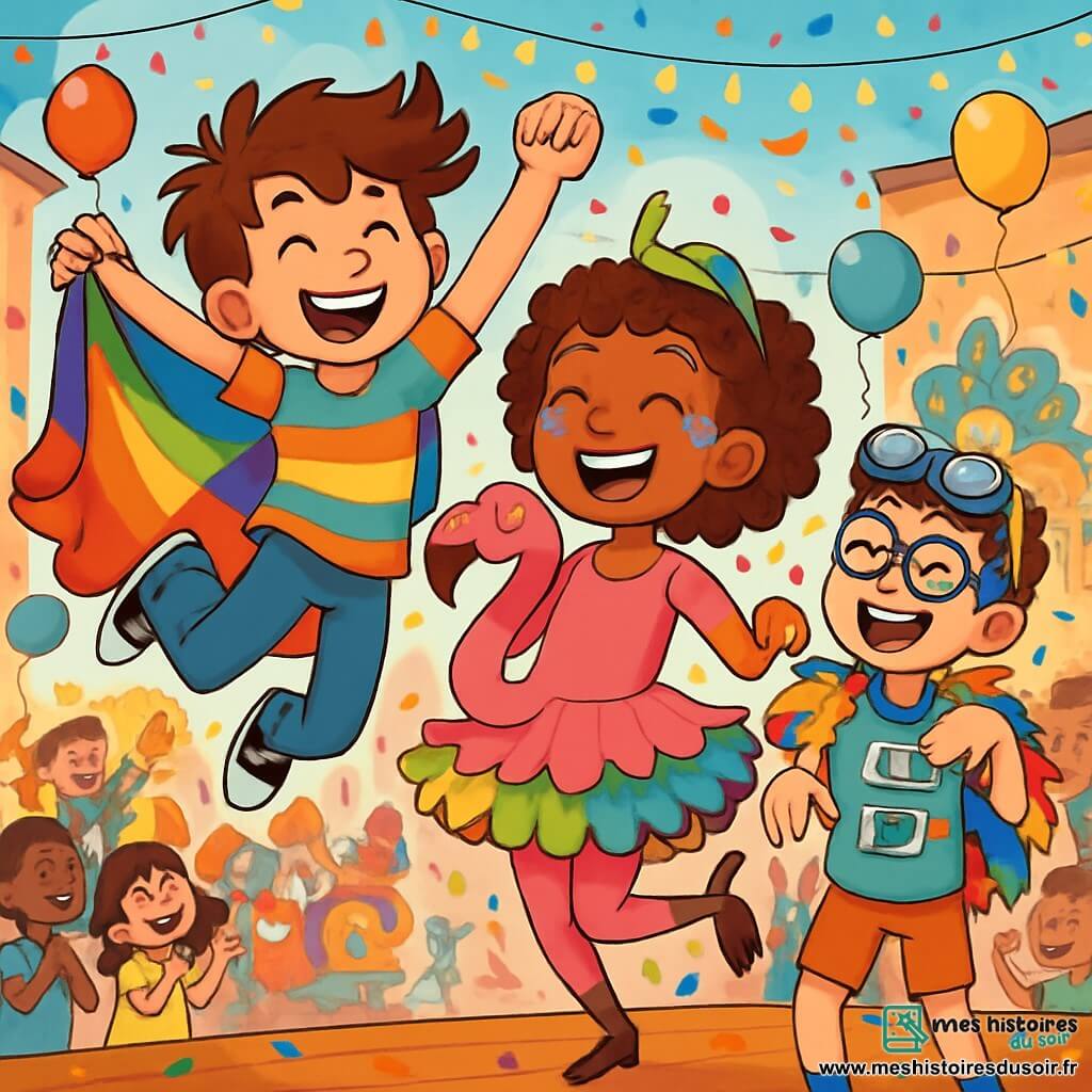 Trois personnages se distinguent : Léo, un garçon de 10 ans aux cheveux en bataille, portant un t-shirt coloré et un pantalon en jean, qui saute de joie avec une cape multicolore ; Zoé, une fille de 10 ans avec des cheveux bouclés, déguisée en flamant rose avec un tutu arc-en-ciel et des paillettes, qui danse avec un grand sourire ; et Maxime, également âgé de 10 ans, qui porte des lunettes de plongée et un t-shirt de robot, faisant des gestes comiques. L'action se déroule sur une place animée, décorée de guirlandes lumineuses et de ballons, où des chars colorés défilent et des musiciens jouent des airs joyeux. Les trois amis, au milieu de la foule, présentent leur costume inventif de « Flamantins » tout en dansant, suscitant rires et applaudissements.