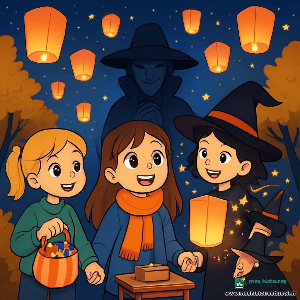 Trois personnages sont présents : Léa, une fille de 10 ans aux longs cheveux bruns, portant une écharpe orange et un manteau bleu, émerveillée par les lanternes ; Maëlle, également âgée de 10 ans, avec des cheveux courts et bouclés, portant un chapeau de sorcière noir et tenant une lampe en papier, souriant en dessinant des étoiles ; et Inès, avec des cheveux blonds en queue de cheval, vêtue d'un pull vert et tenant un sac de bonbons, prête à partager. L'action se déroule dans un parc mystérieux sous un ciel étoilé, où des lanternes en papier flottent, illuminant les visages des enfants, entourés d'arbres aux feuilles dorées et d'une petite table en bois avec une boîte à musique. Les filles se tiennent par la main, émerveillées par les lanternes scintillantes, sous le regard bienveillant d'une silhouette mystérieuse, le maître des lanternes.