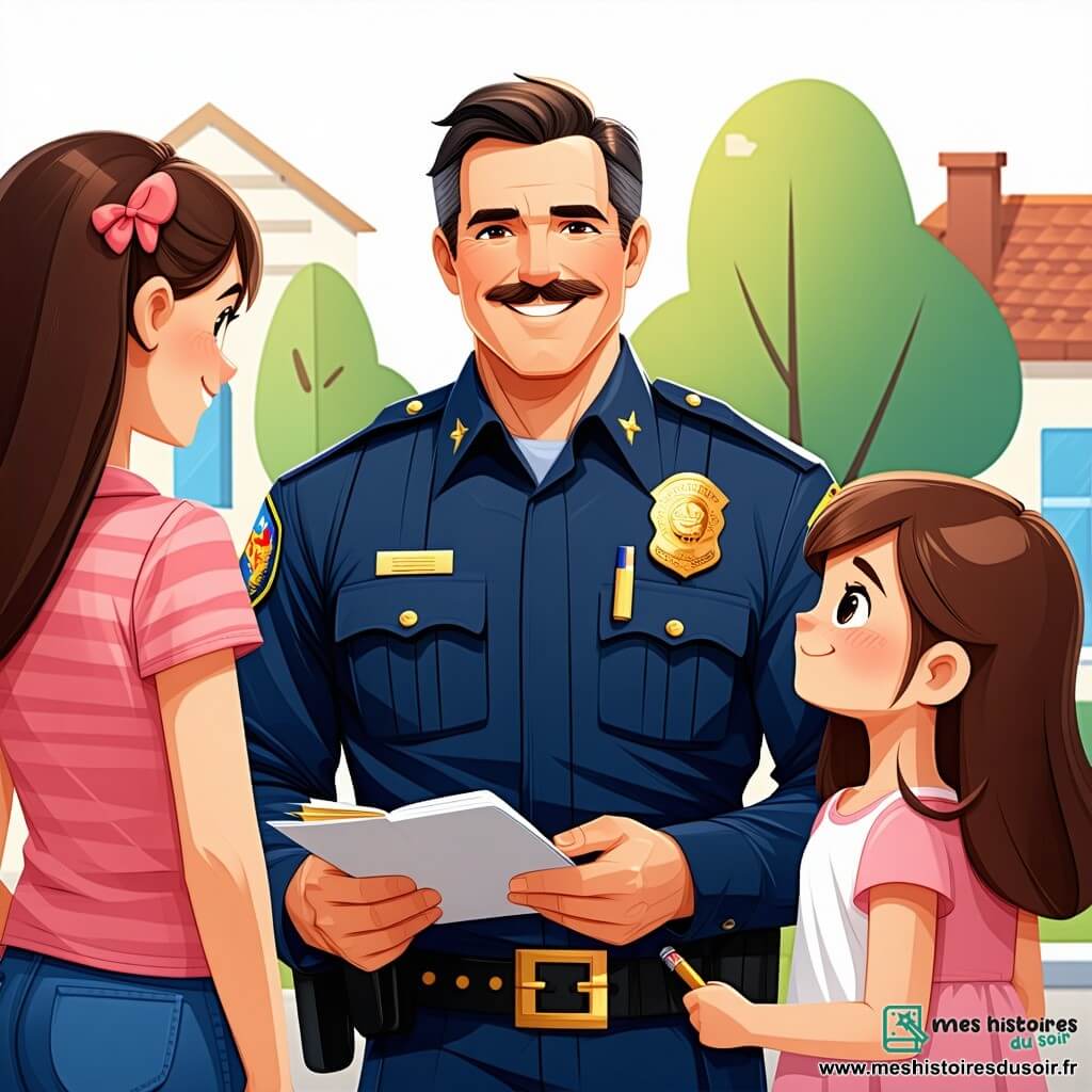 Un policier souriant d'une quarantaine d'années avec une moustache et un uniforme bleu marine interroge des enfants autour de lui, tenant un carnet et un stylo. À sa droite, Emma, dix ans, avec des lunettes rondes et une loupe, observe avec curiosité. À sa gauche, Hugo, neuf ans, pointe une empreinte de pas, tandis que Maxime, dix ans, examine une clé brillante. La scène se déroule sur la place centrale du village de Montfleury, entourée de maisons colorées et de fleurs. Un panneau annonce la fête annuelle, et des villageois curieux regardent la scène. L'ambiance est celle d'une enquête sur un gâteau géant disparu, pleine de mystère et d'aventure.