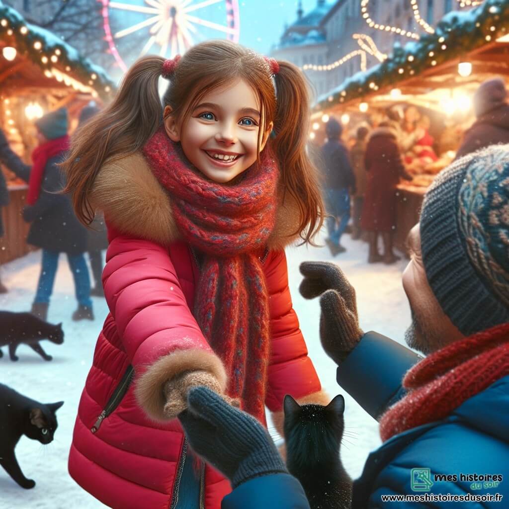 Léa, une fille de 11 ans, se tient au centre de la scène, joyeuse, avec un grand sourire. Elle porte une doudoune rouge, une écharpe tricotée par sa grand-mère et des gants assortis. Ses cheveux châtains sont en deux couettes. Elle tend la main vers un petit chat noir qui se faufile entre ses jambes. À côté d'elle, son père, d'environ 40 ans, sourit et tient un gobelet de chocolat chaud. En arrière-plan, le marché de Noël de Floconville est animé, avec des stands colorés et des flocons de neige tombant. Léa cherche son père dans la foule festive, entourée de lumières et de rires d'enfants, tout en se liant d'amitié avec le chat noir.