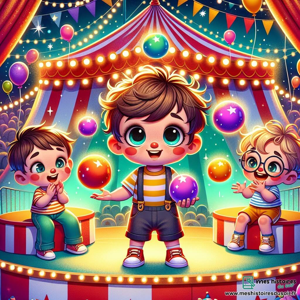 Au centre de l'image, Antonin, un garçon de trois ans aux cheveux ébouriffés et aux grands yeux curieux, se tient sur une scène de cirque avec trois balles colorées. À sa droite, Timéo, un autre garçon de trois ans avec des lunettes rondes, applaudit, tandis qu'à sa gauche, Louis, riant aux éclats, est assis sur un banc. En arrière-plan, le cirque est illuminé par des lumières vives et colorées, avec de grandes tentes rayées et des étoiles scintillantes dans le ciel. Antonin, un peu hésitant, essaie de jongler sous les encouragements d'un jongleur en costume coloré, tandis que des clowns se tiennent en arrière-plan, prêts à divertir le public.