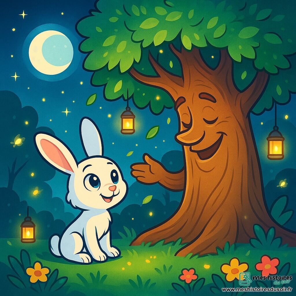 Un petit lapin blanc nommé Lino, aux longues oreilles douces, est assis au pied d'un immense arbre, ses yeux brillants d'émerveillement. Il sourit légèrement, entouré de pétales lumineux tombant des branches. À côté de lui se trouve l'Arbre des histoires, majestueux avec un tronc large et des feuilles scintillantes, qui se penche légèrement comme s'il partageait un secret apaisant. Le lieu est une clairière enchantée, éclairée par la lune et des lanternes flottantes, avec un sol recouvert d'herbes moelleuses et de fleurs colorées. Lino écoute attentivement l'Arbre des histoires, qui lui raconte une histoire magique, tandis que des lucioles dansent autour d'eux, créant une atmosphère paisible et rêveuse.