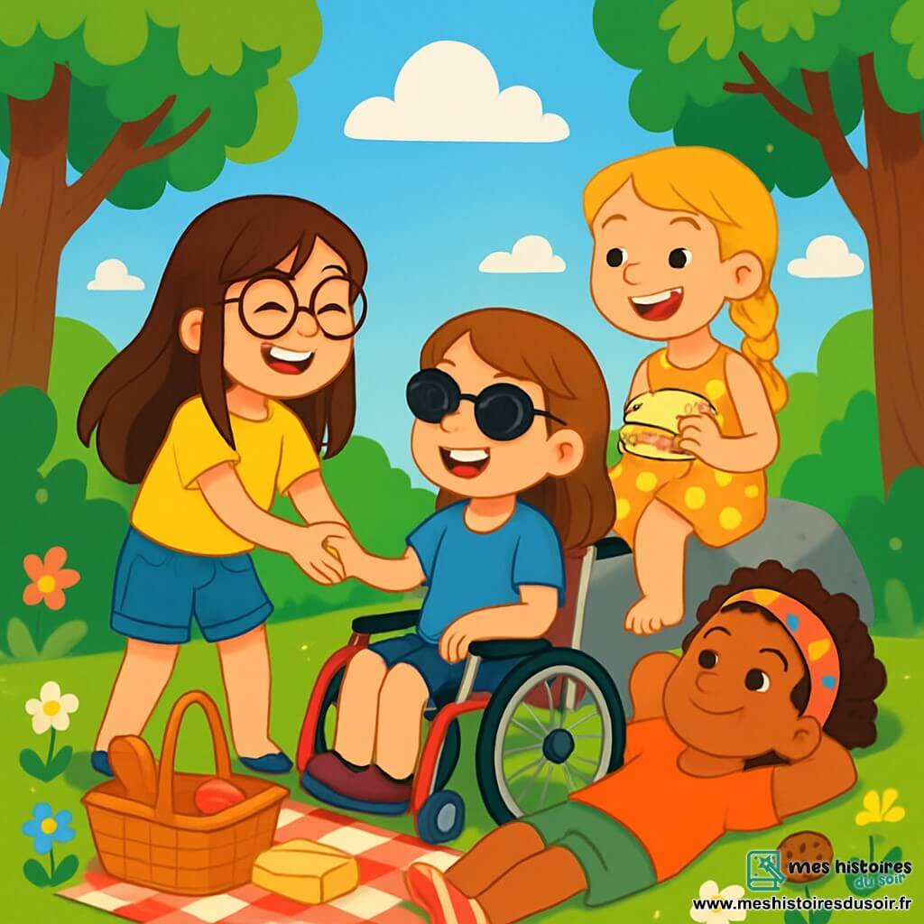 Quatre enfants sont réunis : Clara, une fille de 8 ans avec de longs cheveux bruns et des lunettes rondes, porte un t-shirt jaune et un short en jean tout en riant avec Zoé. Lina, également âgée de 8 ans, a des cheveux blonds en tresse et une robe à fleurs, assise sur un rocher avec un sandwich. Zoé, en fauteuil roulant, a des cheveux châtains et des lunettes de soleil, vêtue d'un t-shirt bleu et d'un short, sourit à ses amies. Emma, avec des cheveux bouclés et un bandeau coloré, est allongée dans l'herbe, regardant les nuages avec un cookie. La scène se déroule dans une clairière ensoleillée entourée d'arbres, avec des fleurs sauvages et un rocher au centre. Les quatre amies partagent un pique-nique joyeux, illustrant la force de leur amitié.