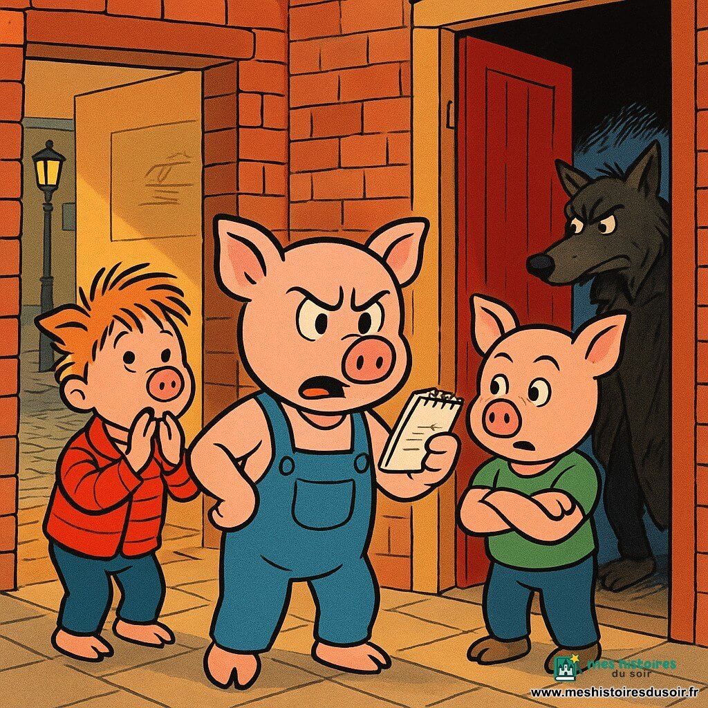 Prudent, l’un des Trois Petits Cochons, est debout et déterminé, sourcils froncés, montrant un petit carnet où il a pris des notes; Siffleur, à gauche, bouche ronde d’étonnement et mains sur la bouche, veste rouge rayée; Costaud, à droite, surpris mais protecteur, bras croisés et t-shirt vert, près de la porte; le loup, dans l’ombre près de l’entrée, a un regard coupable et sournois, manteau sombre taché et posture recroquevillée; décor : grande maison en briques neuves, porte en bois rouge ouverte sur un hall chaud avec meubles simples et table aux plans froissés, rues pavées et lampadaire jaune visibles à l’extérieur; scène : Prudent révèle une preuve au loup et à ses frères, atmosphère tendue mais sûre, couleurs vives, contours nets et expressions lisibles pour les enfants.