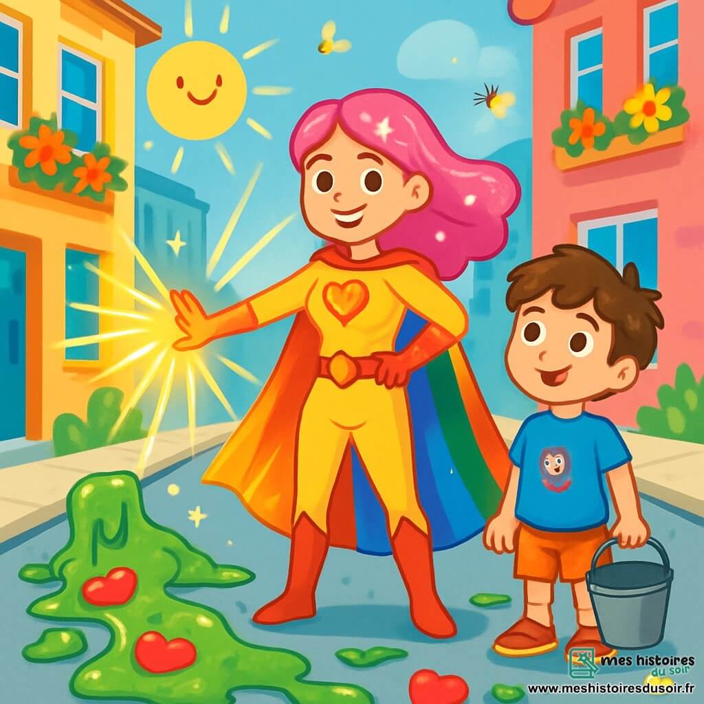 Super Luminia, une femme héroïque aux cheveux roses, porte une cape arc-en-ciel qui brille au soleil. Elle sourit avec détermination, entourée de glu collante dans une rue de Brillopolis. À ses côtés, Max, un garçon de 8 ans aux cheveux bruns, admire Super Luminia tout en tenant un seau vide pour l'aider à nettoyer. La rue est animée, avec des immeubles colorés, des fleurs éclatantes, des lucioles et des bonbons en forme de cœur piégés par la glu. Super Luminia et Max s'unissent pour combattre la glu qui menace la ville, tandis qu'elle utilise ses rayons de lumière pour éclairer et faire disparaître la glu.