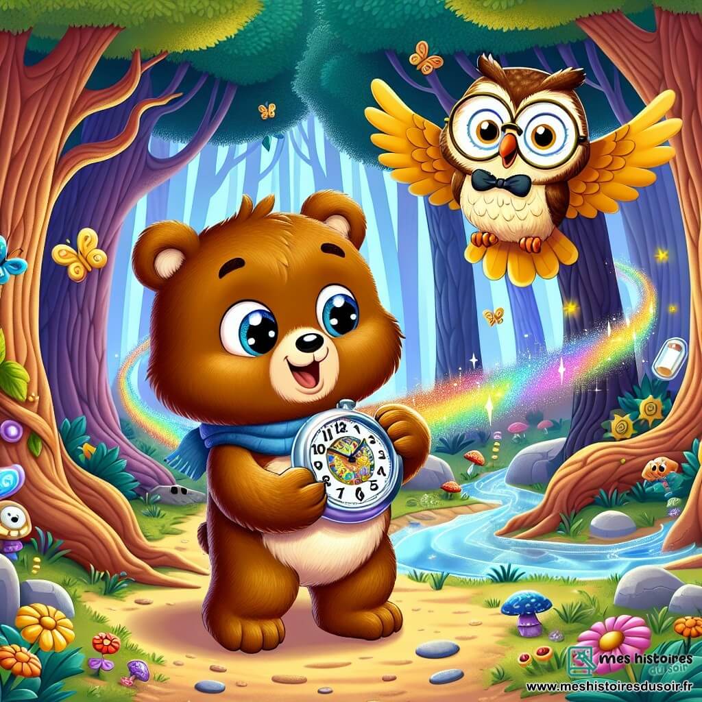 Un petit ours brun nommé Barnabé, avec un pelage doux et des yeux curieux, se tient au centre de l'image, émerveillé par une montre temporelle brillante qu'il tient dans ses pattes. À ses côtés, un hibou sage nommé Horace, avec des lunettes rondes et un chapeau pointu, flotte dans les airs avec un sourire bienveillant. Le décor est une forêt enchantée avec des arbres épais, des feuilles colorées, des fleurs multicolores et un ruisseau scintillant. Barnabé, prêt à appuyer sur un bouton de la montre, est encouragé par Horace, créant une atmosphère d'aventure et de mystère.