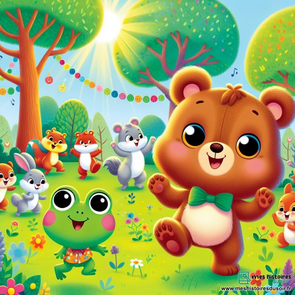 Un petit ours brun nommé Bobo danse joyeusement au milieu d'une fête colorée, affichant un grand sourire. À ses côtés, une petite grenouille verte nommée Lila saute en rythme, pleine de vie et ravie d'être entourée de ses amis. En arrière-plan, des écureuils et des lapins dansent et rient, créant une atmosphère festive. La scène se déroule dans une clairière ensoleillée, entourée d'arbres majestueux et de fleurs colorées, symbolisant la diversité de la nature. Bobo et ses amis célèbrent ensemble, illustrant l'importance de l'amitié dans un cadre joyeux.