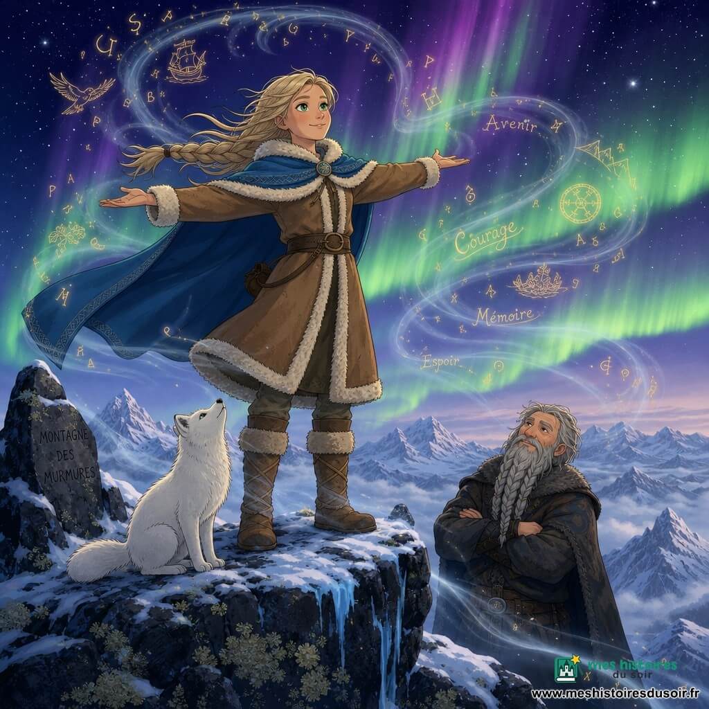 Solveig, femme au visage rond, nez droit, cheveux longs tressés blond cendré et yeux verts brillants, vêtue d’un manteau en peau de mouton brun clair et d’une cape bleue, se tient au sommet de la Montagne des Murmures, bras tendus comme pour écouter le vent; à quelques pas en contrebas, le Skald, homme d’environ 60 ans à la barbe grise tressée et au manteau sombre usé, la regarde avec fierté et douceur, tandis qu’un petit renard arctique blanc est assis près des bottes de Solveig, museau levé; le sommet de rochers noirs et glacés, corniches de neige et éclats de glace bleutés domine une vallée brumeuse, le ciel nocturne affiche une aurore boréale verte et violette et des rubans translucides du vent tourbillonnent autour des personnages en formant lettres et petites images dorées, créant une atmosphère magique, calme et pleine d’espoir.