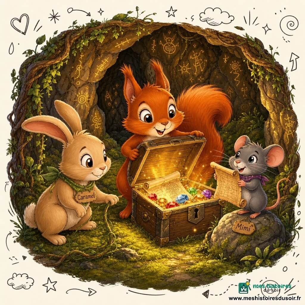 Un petit écureuil roux aux grands yeux brillants et à la queue touffue, émerveillé et fier, soulève le couvercle d'un vieux coffre en bois; à gauche, le lapin beige Caramel aux longues oreilles, prudent mais souriant, accroupi et prêt à aider une patte sur une liane; à droite, la petite souris grise Mimi, aux moustaches fines, perchée sur une pierre et tenant un parchemin déroulé; dans une grotte au sol moussu et aux murs humides ornés de gravures dorées scintillantes, l'entrée bordée d'herbes et de racines, le coffre diffuse une lumière dorée révélant pierres précieuses et parchemin ancien; ambiance intime et magique aux couleurs chaudes (or, ambre, vert mousse), textures visibles du bois, de la pierre et des feuilles, style illustration jeunesse aux traits nets, couleurs saturées et petits doodles blancs (vent, étoiles).