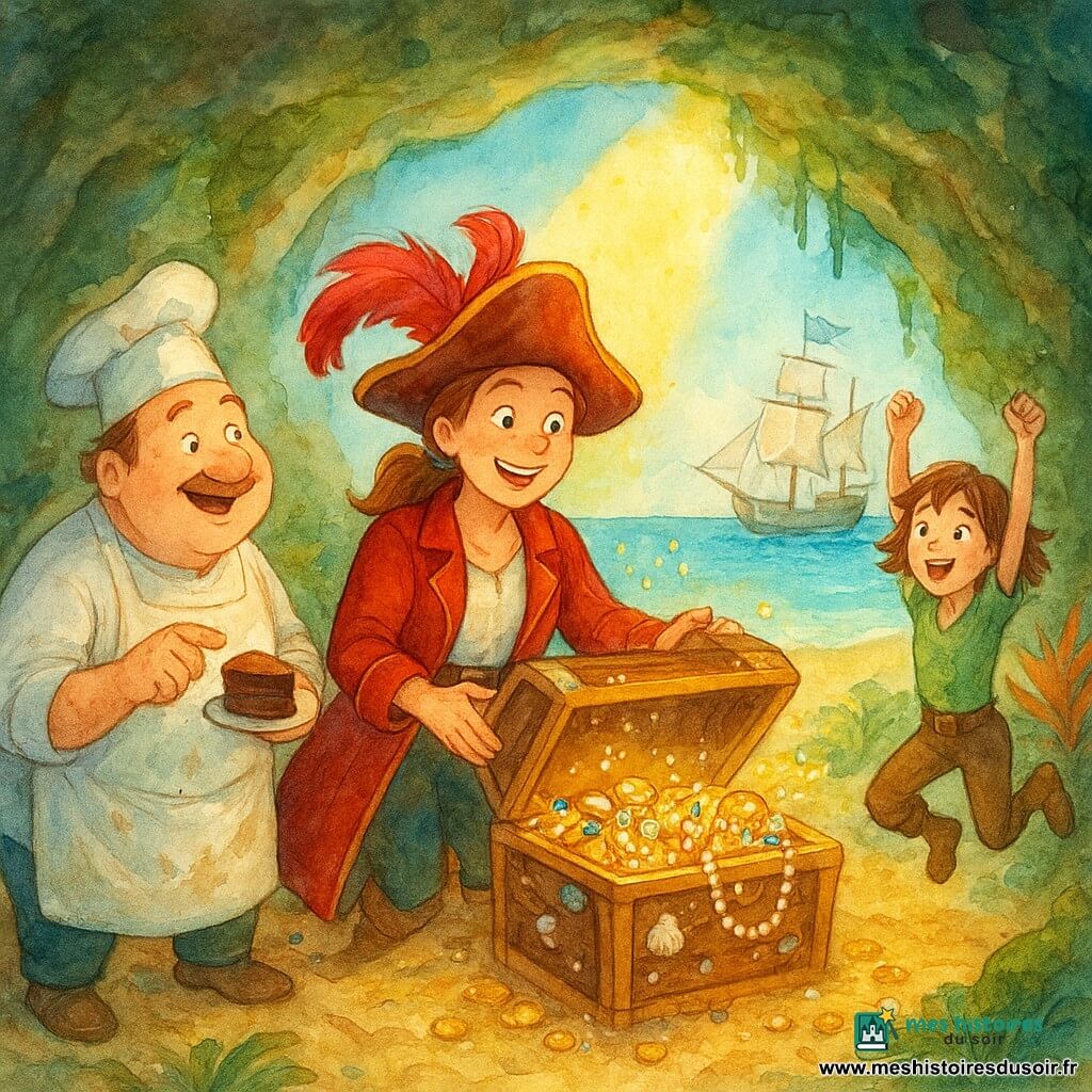 Capitaine Zoé, pirate souriante aux cheveux châtain clair attachés en queue et au grand chapeau à plume rouge, soulève délicatement le couvercle d'un coffre garni de coquillages, posture fière et mains ouvertes vers le trésor ; à gauche, Pierre, cuisinier rondouillard au tablier taché, tient une part de gâteau et pointe joyeusement le coffre ; à droite, Lola, vigie vive, cheveux courts au vent, saute de joie en levant les bras, émerveillée par les bijoux ; la grotte de l'île, aux parois humides couvertes de mousse et de coquillages scintillants, est traversée par un rayon doré qui éclaire le sable devant l'entrée et les plantes tropicales colorées ; au loin, ancré sur la plage, le navire L'Étoile des Mers affiche ses voiles blanches et son drapeau étoilé tandis que de petites vagues bleues reflètent le ciel ; ambiance joyeuse et chaleureuse, palette vive (or, turquoise, vert émeraude, rouge), textures aquarelle et éclaboussures subtiles autour des bijoux et de l'eau.