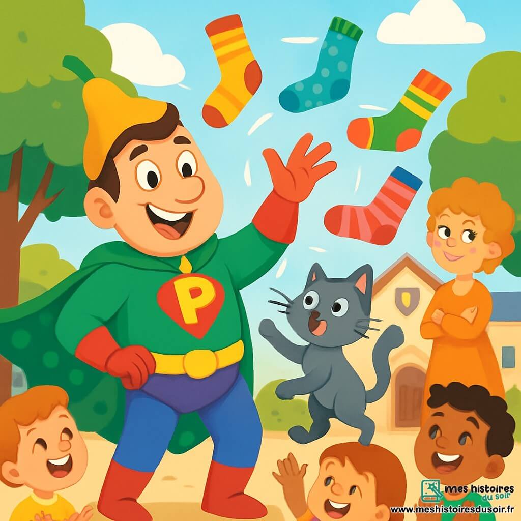 Monsieur Patatouf, un homme joyeux d'une trentaine d'années, porte un costume de super-héros avec une cape à pois verts, un slip jaune sur son pantalon violet et un chapeau en forme de poire. Il sourit espièglement tout en faisant flotter des chaussettes colorées autour de lui. À ses côtés, Biscotte, un petit chat gris, s'amuse à sauter dans les chaussettes. Madame Rigolote, une femme d'une cinquantaine d'années avec des lunettes en forme d'étoiles, observe la scène avec un sourire amusé. La scène se déroule dans la cour d'une école de super-héros, entourée d'arbres verts et d'un ciel bleu. Des enfants rient et applaudissent, ajoutant à l'ambiance festive. Monsieur Patatouf crée un tourbillon de chaussettes colorées, provoquant des éclats de rire chez les spectateurs.