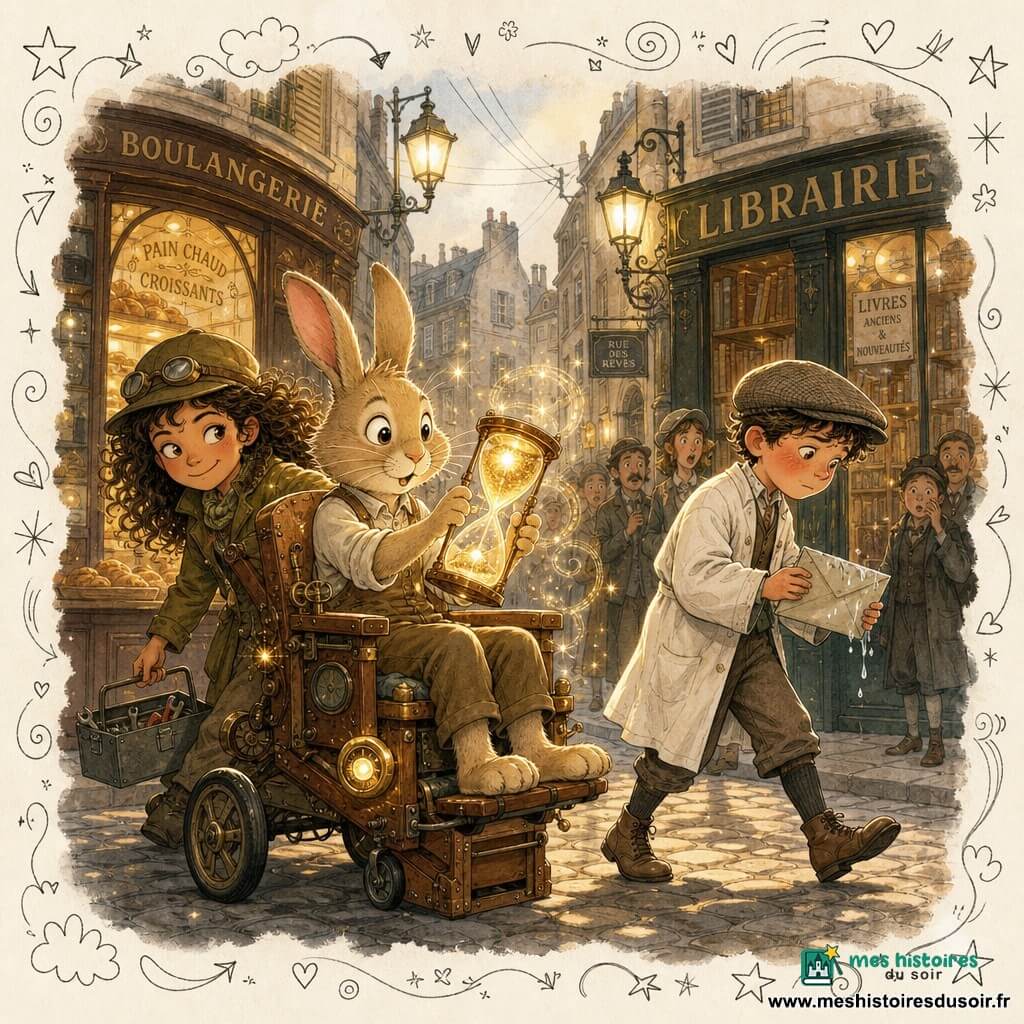 Pollen, un lapin anthropomorphe au pelage beige et aux yeux curieux, est assis sur une chaise-bricolage en bois faite de vieux sièges et retourne délicatement un sablier lumineux tandis que Mina, une fillette bouclée en veste kaki et casquette d’aventurière, sourit malicieusement en tenant une petite boîte à outils derrière la chaise; un garçon d’époque en blouse et casquette plate, le visage rougi, marche lentement devant une librairie en tenant une enveloppe trempée. La rue pavée de 1900, bordée de façades en pierre, boulangerie et librairie, lanternes à gaz et premiers fils électriques, baigne dans une lumière dorée et blanche; la machine à remonter le temps s’active — la chaise clignote, des volutes de lumière tourbillonnent autour du sablier et la foule, en retrait, est ébahie — l’atmosphère est douce et nostalgique, aux couleurs chaudes, textures papier et un léger overlay de doodles (flèches, horloges, ampoules) pour un rendu jeunesse.