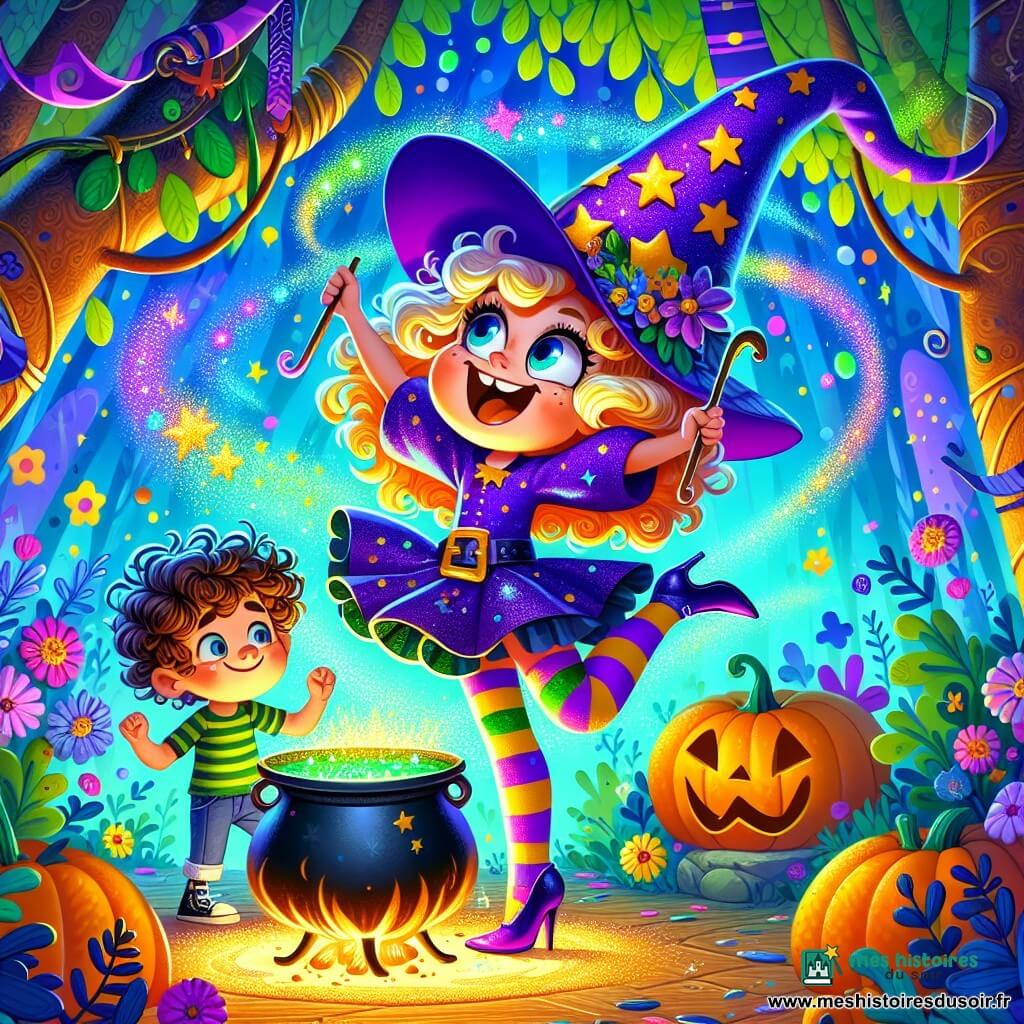 Une sorcière joyeuse, Zélie, danse avec un grand sourire, portant un chapeau pointu violet orné d'étoiles dorées et des chaussettes dépareillées. Elle prépare une potion pétillante dans un chaudron noir, entourée de bulles colorées. À ses côtés, un petit garçon d'environ 8 ans, aux cheveux bouclés et aux yeux pétillants, observe avec émerveillement, tenant une citrouille dans une forêt enchantée. Zélie crée une potion magique qui fait danser les citrouilles, remplissant l'air de joie et de couleur.