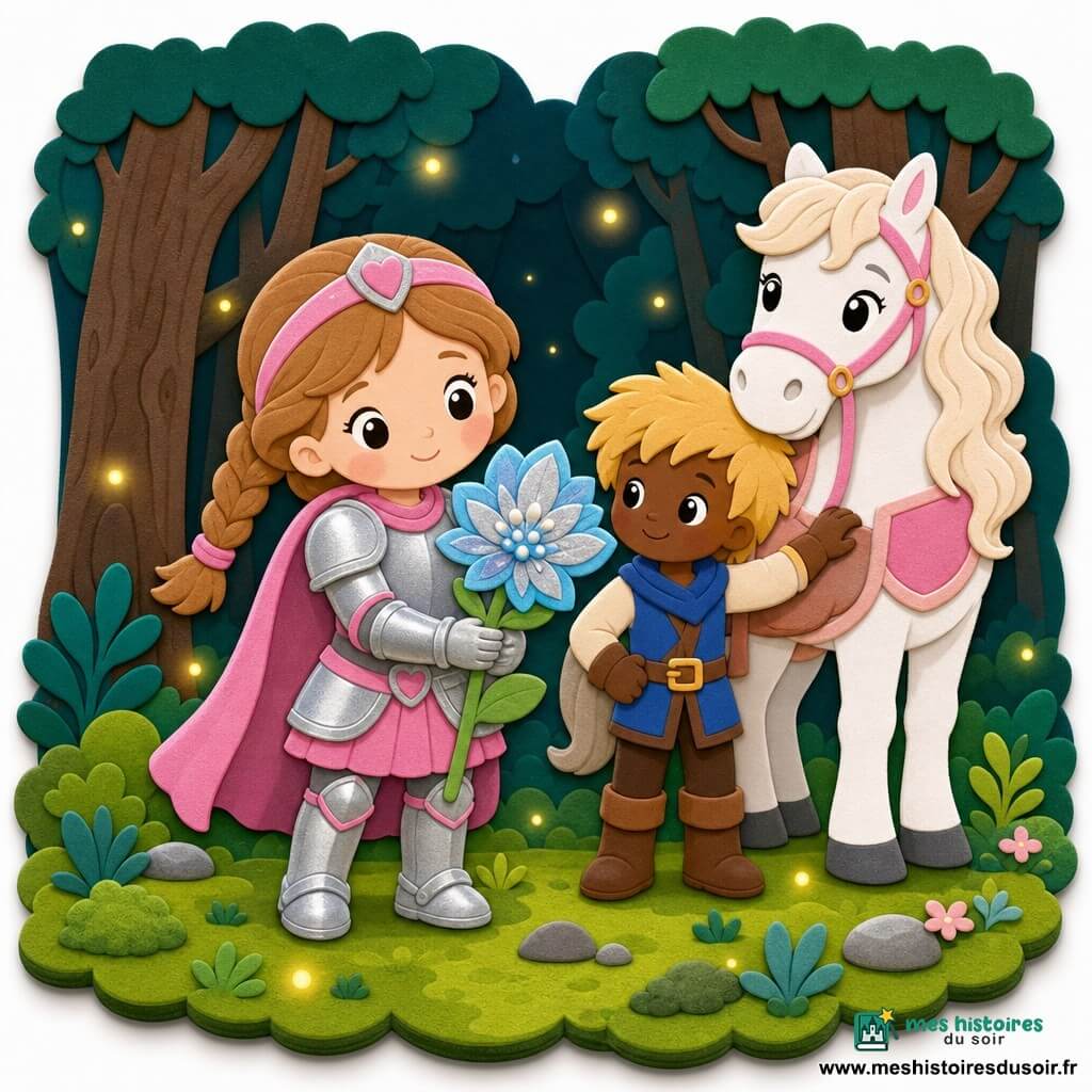 Une chevaleresse souriante aux cheveux châtain clair en tresse, en armure argentée à détails roses, tient une grande fleur lumineuse bleu-argent; à côté, Max, un petit écuyer d’environ 8 ans aux cheveux blonds, la touche du regard, et derrière eux Luna, un grand cheval blanc à crinière ondulée et selle rose pâle, dans une clairière de forêt sombre mais accueillante avec mousse, pierres et quelques lucioles — scène paisible, émerveillée, style couleurs plates, contours nets et formes arrondies type gommette.