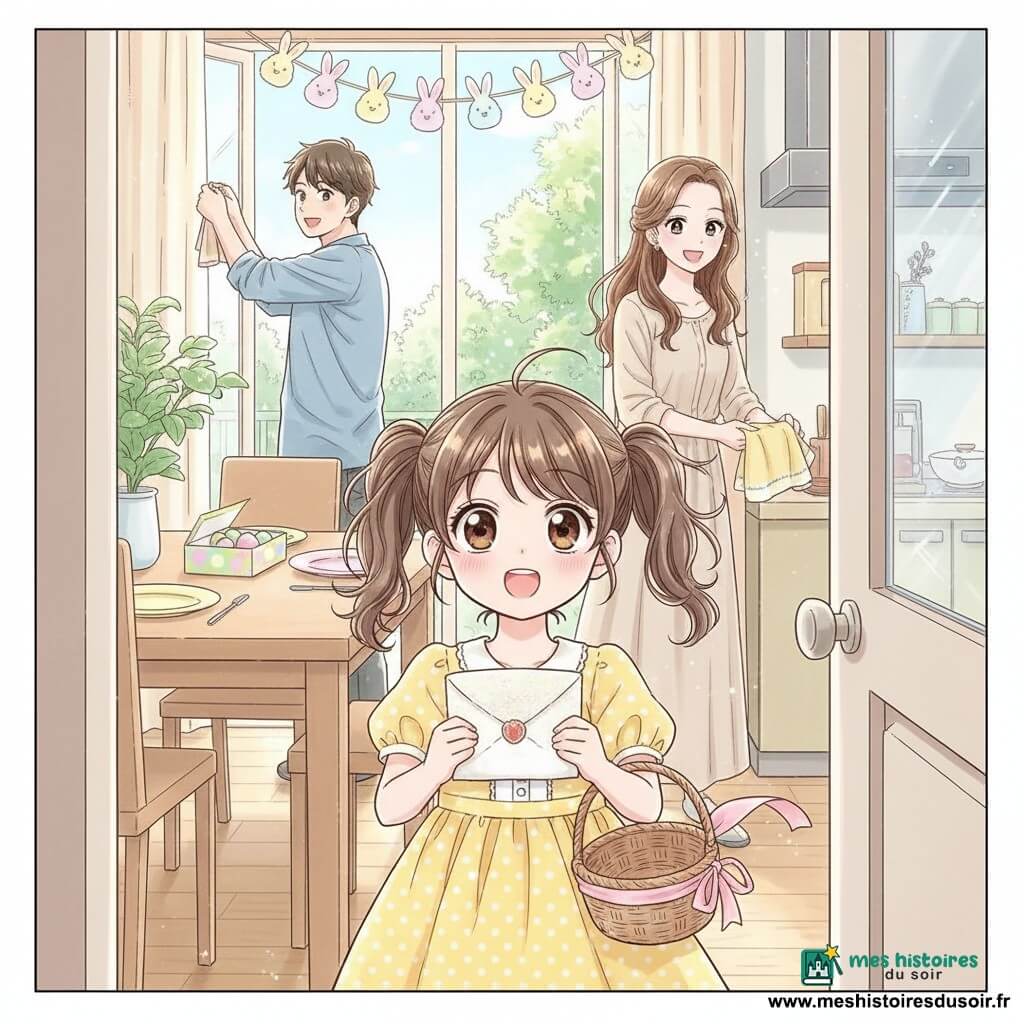 Lina, 6 ans, excitée et curieuse, yeux grands, cheveux châtain en couettes, robe jaune à pois blancs, tient un petit panier en osier vide avec un ruban rose et une lettre pailletée ouverte; derrière elle, la mère (≈30 ans) sourit en disposant des serviettes jaunes sur une table en bois dans la cuisine, et le père (≈35 ans) accroche une guirlande de lapins en papier au-dessus de la fenêtre à gauche; lieu : salon lumineux ouvrant sur un jardin vert, table en bois avec assiettes pastel et boîte d’œufs à peindre, rayons de soleil et rosée sur les plantes; ambiance douce aux tons pastel (jaune, rose, vert), traits nets, contours propres et textures détaillées.