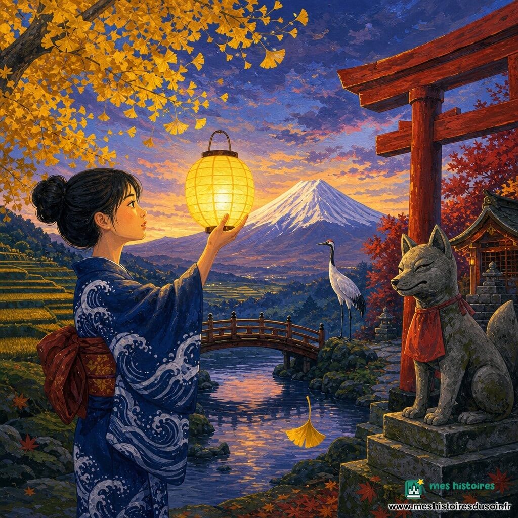 Aki, émue et concentrée, visage doux, cheveux en chignon et kimono bleu indigo à motifs de vagues, tient une lanterne jaune qui éclaire son visage; à droite du chemin, une statue de renard de pierre patinée au torii affiche une ombre qui rend son museau inquiet; au pied d’un cerisier, une grue blanche immobile regarde la montagne brumeuse; le décor : un petit pont de bois sur une rivière silencieuse, rizières en terrasses à gauche, un torii rouge et un petit sanctuaire en bois à droite, érables rouges et un grand ginkgo aux feuilles jaunes; crépuscule doré sans vent, une feuille de ginkgo tourne suspendue au-dessus de l’eau, Aki scrute la nuit lanterne levée, guidée par la statue et la grue sous un ciel bleu et pourpre.