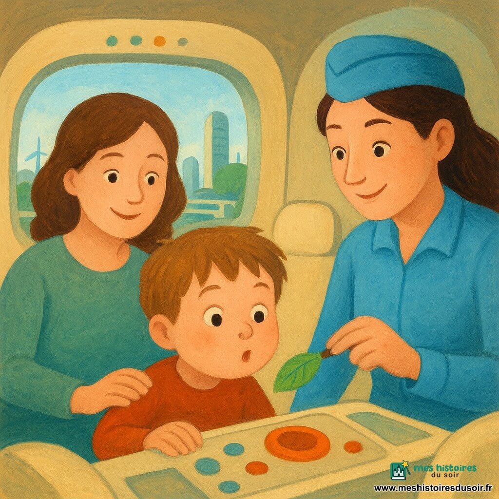 Garçon de 4 ans, émerveillé et concentré, cheveux châtain clair en bataille, souffle sur une petite feuille coincée sur un capteur orange d’une navette ronde arrêtée sur une rampe ; la pilote Inès (~30 ans), souriante en tenue bleu pâle, tient une brosse et s’emploie à dégager la feuille pendant que la maman (30–35 ans), la main sur un bracelet et posée sur l’épaule du garçon, affiche un air tendre et protecteur ; intérieur aux larges vitres arrondies, coussins crème, lumières LED vertes et orange, ville futuriste visible dehors (tours lisses, jardins sur les toits, petites éoliennes blanches), ambiance calme et chaleureuse aux couleurs pastel et textures gouache.