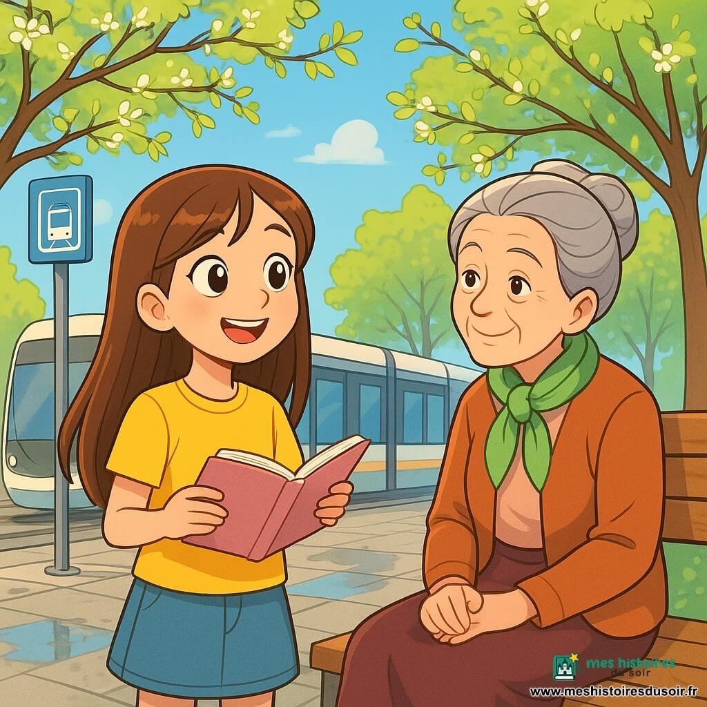 Une fille de 10 ans, avec de longs cheveux bruns et des yeux curieux, se tient à une station de tram. Elle porte un t-shirt jaune et une jupe en denim, tenant un carnet ouvert, souriante. À côté, une dame âgée d'environ 70 ans, avec des cheveux gris en chignon et un foulard vert, observe les arbres avec bienveillance, assise sur un banc en bois. La station est bordée d'arbres en fleurs et le sol est pavé de dalles grises, avec quelques flaques d'eau. La fille admire les bourgeons sur les branches, tandis que la dame lui parle de la magie du printemps, créant une atmosphère joyeuse.