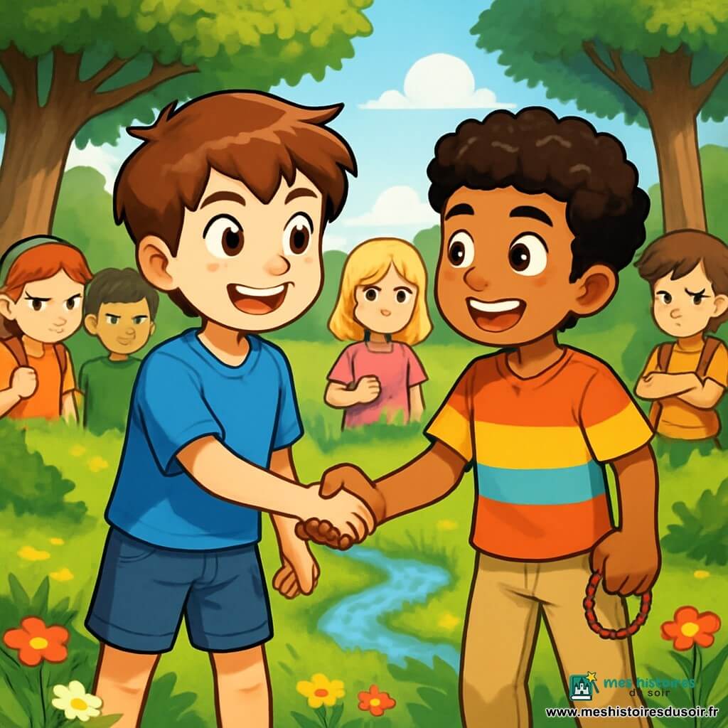 Un garçon de 10 ans, Lucas, avec des cheveux bruns et des yeux pétillants, se tient au centre de l'image, affichant une expression de détermination et de joie. Il porte un t-shirt bleu et un short en jean, tendant la main vers son nouvel ami Amir, d'origine marocaine, qui sourit avec enthousiasme. Amir a des cheveux noirs bouclés et une peau olive, il porte une chemise colorée et un pantalon beige, tenant un petit bracelet. Leur environnement est une clairière verdoyante entourée d'arbres, avec un ruisseau scintillant et des fleurs sauvages colorées. Lucas et Amir, unis par leur amitié, se soutiennent mutuellement face à des élèves, illustrant la beauté de la diversité et l'importance de l'acceptation.