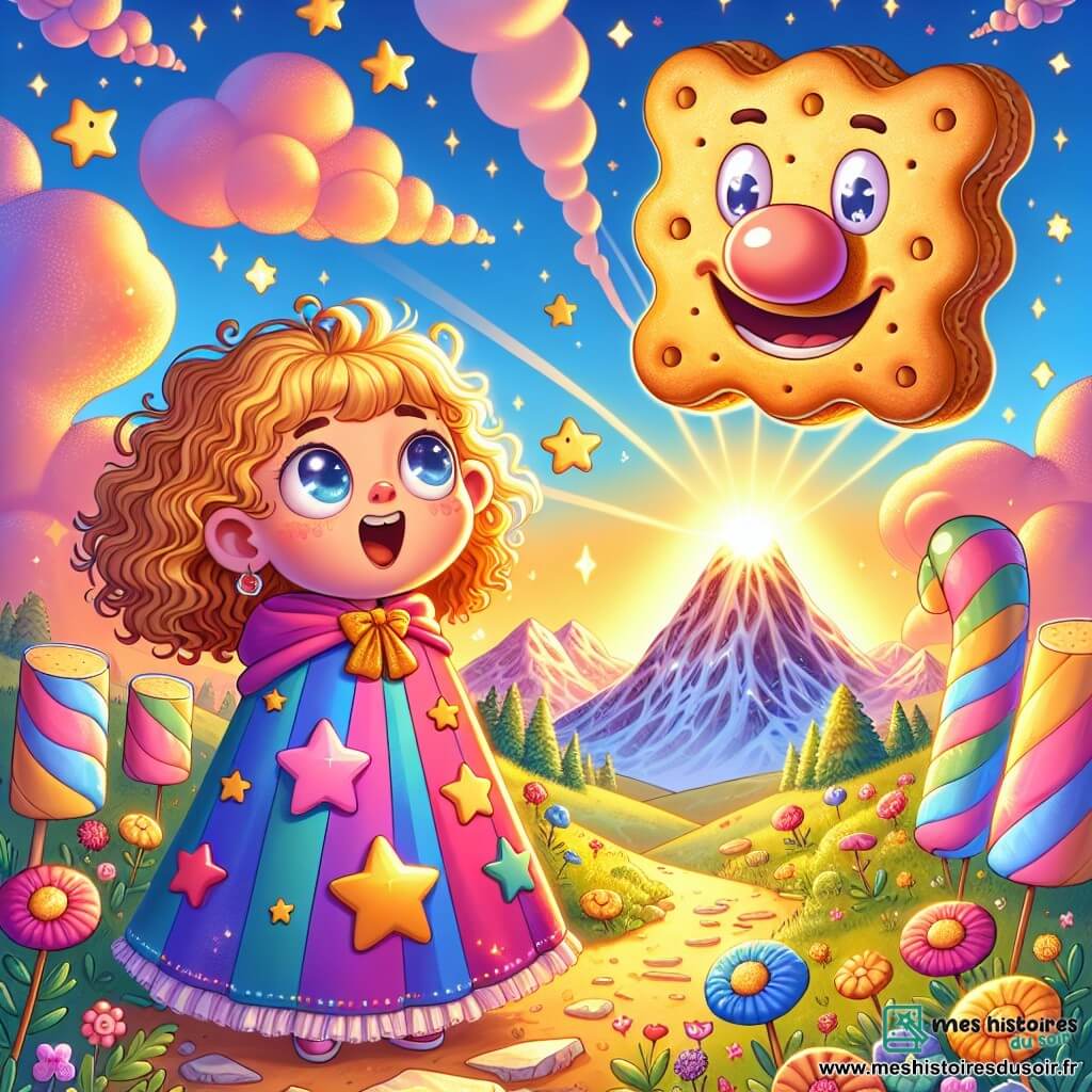 Au sommet de la Montagne des Rires, Lila, une petite fille de 7 ans aux cheveux bouclés et dorés, se tient devant une grande boîte en forme de biscuit scintillant. Son visage rayonne d'excitation et ses yeux brillent d'émerveillement alors qu'elle s'apprête à l'ouvrir, vêtue d'une cape d'aventurière ornée d'étoiles. À ses côtés, un nez rieur en forme de cadenas flotte dans l'air, amusé par la situation. Le paysage enchanteur, avec des nuages dansants, des fleurs chantantes et des montagnes en guimauve, crée une atmosphère magique. Lila est prête à raconter une blague pour déverrouiller le cadenas et découvrir le Biscuit Magique.