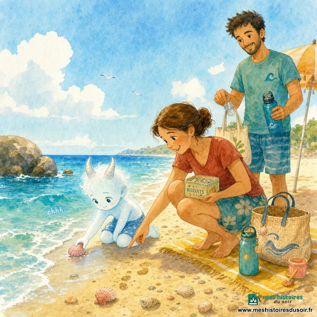 Nino, un petit enfant-fantôme magique aux deux cornes lisses et à la peau légèrement brillante, agenouille et pose délicatement un coquillage rose sur le sable ; la maman souriante, cheveux attachés, accroupie à côté de lui, pointe le coquillage et tient une boîte à biscuits sur une serviette jaune ; le papa, calme, debout près d’un petit parasol, sourit, tient une gourde réutilisable et a un sachet en tissu où il met un petit morceau de plastique ramassé ; la plage est chaude et brillante avec du sable doré, de petites empreintes, un rocher à gauche, des vagues bleues douces, des coquillages éparpillés et un grand ciel bleu clair ; la scène montre un geste tendre et responsable : l’enfant rend un coquillage à la mer et ramasse un déchet, entouré de parents attentifs et d’affaires bien rangées lors d’un après‑midi d’été paisible.
