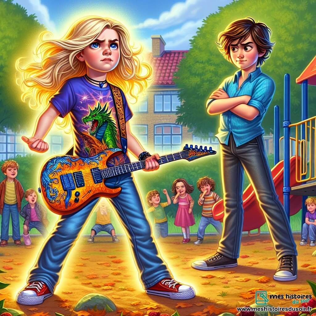 Au centre de l'image, Kaïs, un garçon de 8 ans aux cheveux longs et dorés, affiche une expression déterminée tout en tenant une guitare-épée. À sa droite, Lucas, 9 ans, avec des cheveux bruns en bataille et un sourire moqueur, se tient en retrait, surpris par le courage de Kaïs. Ils se trouvent dans une cour d'école animée, entourés d'arbres et de jeux d'enfants, le sol étant couvert de feuilles d'automne. Kaïs défie Lucas qui essaie de lui prendre sa guitare, tandis que d'autres enfants observent, certains souriant et d'autres surpris.