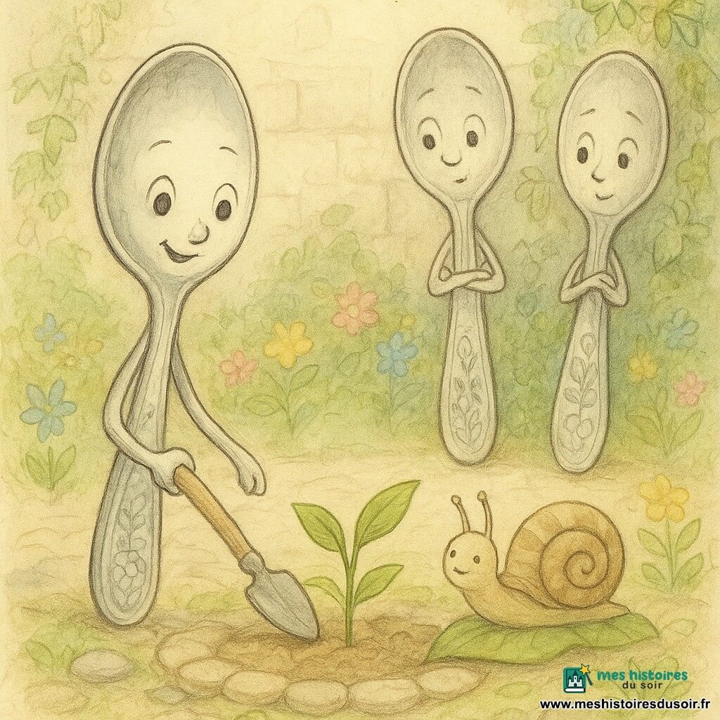 Clémentine, une cuillère anthropomorphe en métal argenté, souriante et fière, tend délicatement une petite pelle en bois vers une jeune plante tandis que Gaston, un petit escargot à la coquille beige rayée de marron, la regarde avec une antenne levée; derrière elles, les parents de Clémentine, deux grandes cuillères au manche orné de motifs floraux, se tiennent attendris, légèrement penchés, dans un petit jardin pavé entouré de fleurs colorées, d'ombre de feuillage et d'un vieux mur de pierre couvert de lierre, créant une atmosphère calme et chaleureuse.