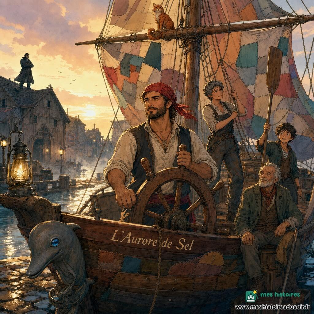Maël, homme au visage chaleureux et déterminé, peau hâlée, barbe courte et foulard rouge, tient fermement le gouvernail en regardant l’horizon; derrière lui Nika, charpentière d’environ 30 ans aux cheveux courts poivre‑sel en salopette tachée, ajuste une voile rapiécée, Jo, adolescent maigre aux cheveux en bataille, brandit une rame comme un drapeau en souriant nerveusement, et Olan, vieil homme aux yeux clairs, assis sur une caisse, pose sa canne sur le bastingage et regarde Maël avec fierté; sur la vergue la chatte rousse Dame Roussette observe, tandis qu’en arrière‑plan, sur un toit du port, la silhouette sombre de Vargo, cicatrice en griffure, scrute le bateau; scène au petit matin sur un quai de pavés mouillés et hangars en bois, brume légère, lampes à huile allumées, l’Aurore de Sel amarrée avec coque réparée et voile patchwork, figure de proue dauphin à l’œil en verre bleu, l’équipage s’affaire calmement, voiles gonflées et lumière dorée rasante sur les planches humides, prêt à lever l’ancre.