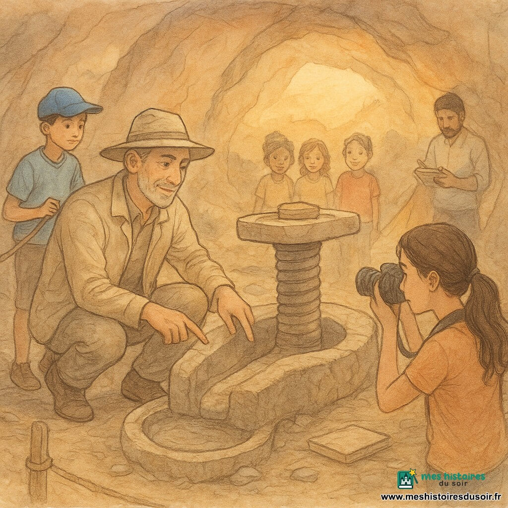 Un archéologue d'une quarantaine d'années, cheveux poivre et sel, veste beige et chapeau large, accroupi près d'un pressoir en pierre, montre le canal du doigt avec calme et bienveillance; à sa droite Lina, photographe d'environ 25 ans, queue-de-cheval, appareil prêt, prend une photo; à gauche Maël, assistant de 12 ans en casquette bleue, fixe une corde à un piquet depuis un replat; Samir, scribe d'environ 30 ans, prend des notes près d'une petite tente; trois enfants du village (7–9 ans) regardent émerveillés depuis derrière la corde; la scène se déroule dans une cavité rocheuse éclairée par le soleil couchant, sol de pierre, cuvette et canal menant à un bassin, piquets et ficelle marquant le périmètre, ambiance tranquille et pédagogique avec outils, plan et lampe de camp éteinte au sol.