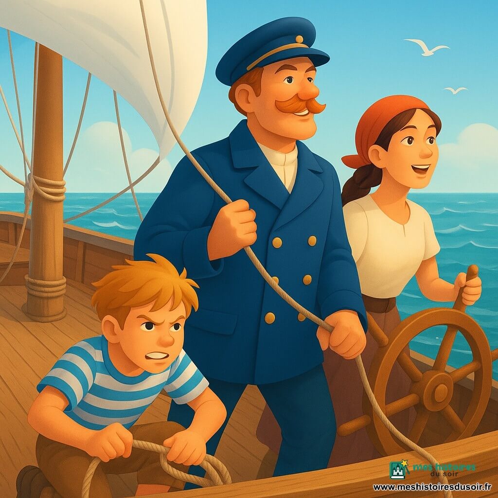 Le capitaine Malo, moustache rousse touffue et veste bleu marine à boutons dorés, se tient debout sur le pont du Vent Joyeux, tenant la corde du loch et regardant l’horizon; Filou, environ 12 ans, cheveux blonds en bataille, chemise rayée et pantalon retroussé, est accroupi à la poupe en train de dérouler la corde; Lili, environ 14 ans, cheveux bruns en tresse et foulard rouge, tient la barre en chantant, sûre d’elle. Le pont aux planches patinées, cordages enroulés et voiles blanches gonflées est éclaboussé par la mer bleu-vert aux reflets argentés, quelques mouettes en vol bas; l’équipage mesure la vitesse du bateau en lançant le loch et en comptant les nœuds, joyeux et concentré.