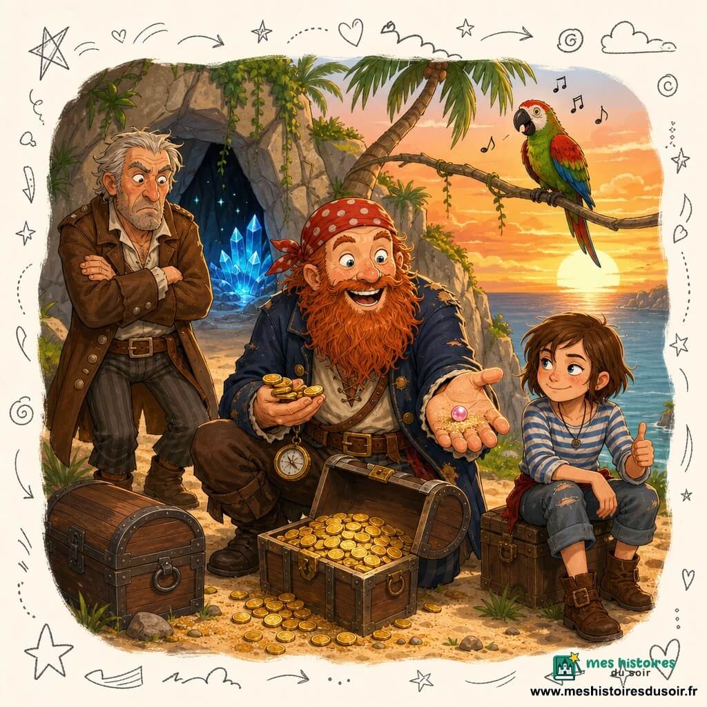 Barbe-Rousse, homme adulte fier et bienveillant, souriant aux yeux pétillants, longue barbe rousse, veste bleu marine usée, bandana rouge à pois et ceinture en cuir, tend la main pour montrer une perle rose en s'accroupissant devant un coffre ouvert rempli de pièces d'or; à droite, Louison, fille d'environ 12 ans, malicieuse, cheveux courts châtains et chemise rayée, assise sur un tronc pouce levé, regarde Barbe-Rousse; à gauche, Gaspard, homme d'environ 55 ans au visage buriné et nez cassé, grognon mais étonné, veste brune, bras croisés observe la perle près d'un autre coffre; un perroquet vert et rouge perché au-dessus incline la tête avec des petites notes de chanson; décor : sommet d'une falaise rocheuse bordée de palmiers, grotte cristalline bleue à l'arrière, sable doré et ciel orangé au coucher de soleil, petites vagues au loin, ambiance chaleureuse de partage du trésor et de convivialité.