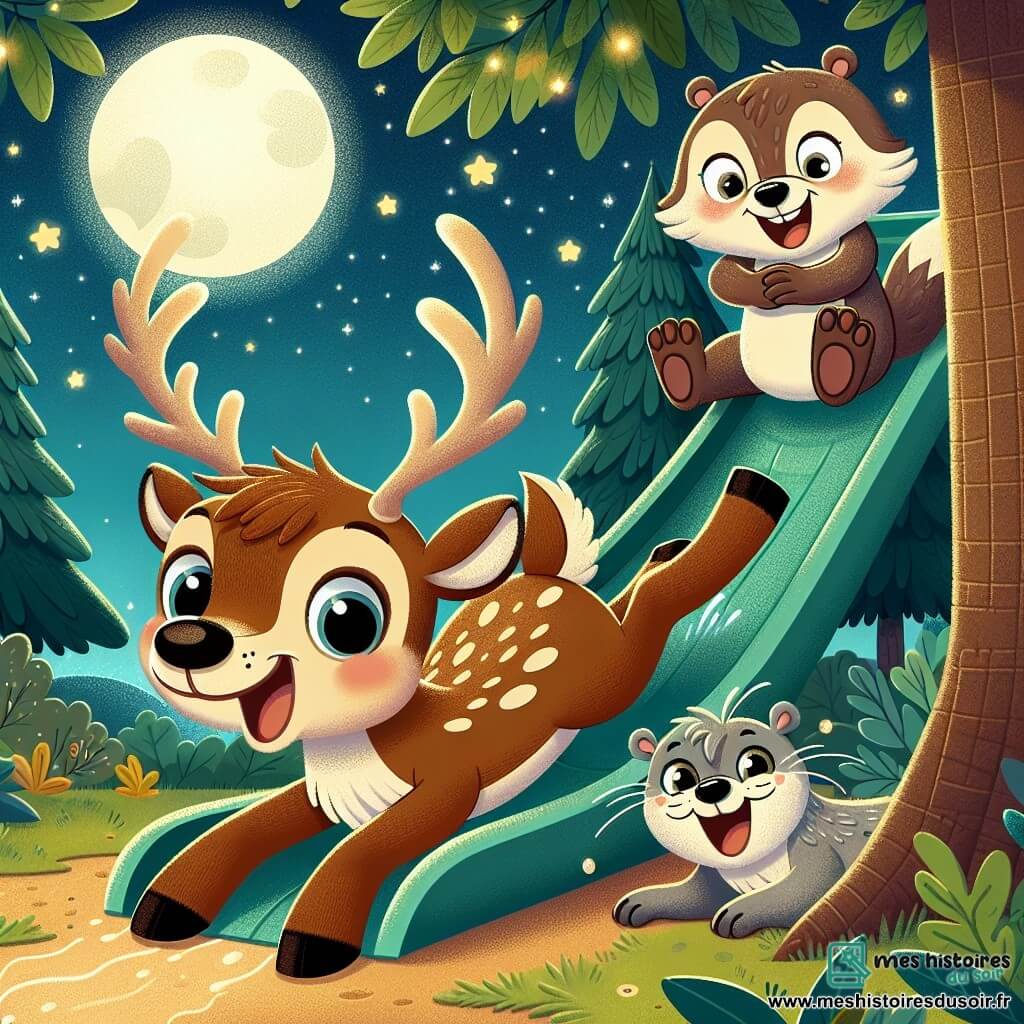 Un renne nommé Rémi glisse joyeusement sur un toboggan fait de feuilles et de branches, son visage rayonnant de bonheur. À côté, Lili la loutre rit en attendant son tour, tandis que Billy le blaireau applaudit depuis le sommet. La scène se déroule dans une clairière enchantée, entourée d'arbres majestueux et d'un ciel étoilé. Les trois amis s'amusent ensemble, créant des souvenirs inoubliables.