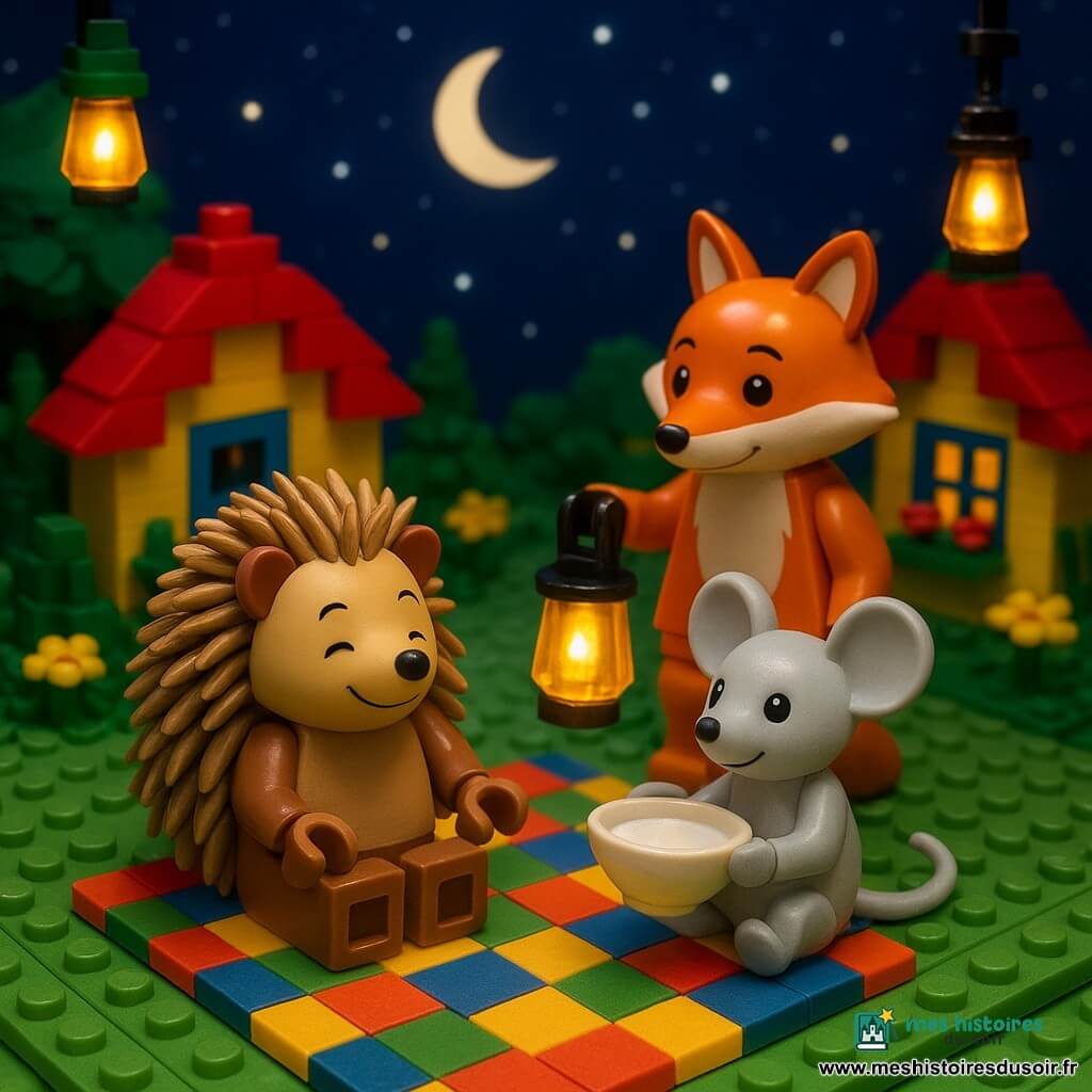 Nino le hérisson, aux piquants doux comme de la paille peignée, est assis sur une couverture à carreaux colorés, arborant un sourire paisible. À ses côtés, Lila la souris, petite et gracieuse, tient un bol de lait, les yeux pétillants de joie. Omar le renard, avec sa fourrure rousse et ses yeux malicieux, tient une lanterne scintillante, debout derrière Nino. Le village est illuminé par des lanternes suspendues telles des lucioles, avec des maisons aux toits brillants et des fleurs aux fenêtres. La scène principale montre le cercle d'animaux autour de la couverture, sous un ciel étoilé avec une lune argentée, créant une atmosphère chaleureuse et magique de partage et d'écoute.